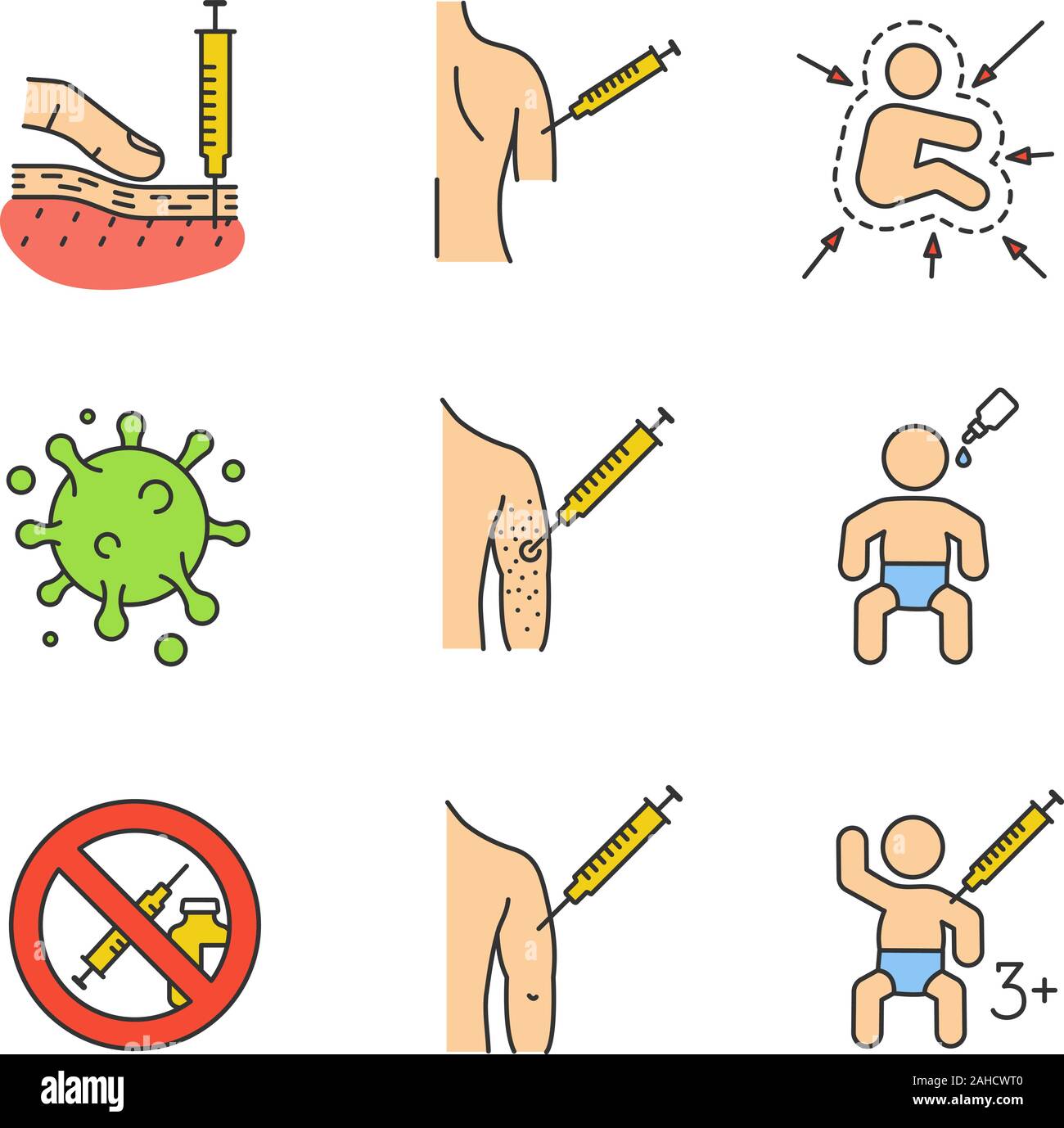 Vaccination and immunization color icons set. Subcutaneous injection ...