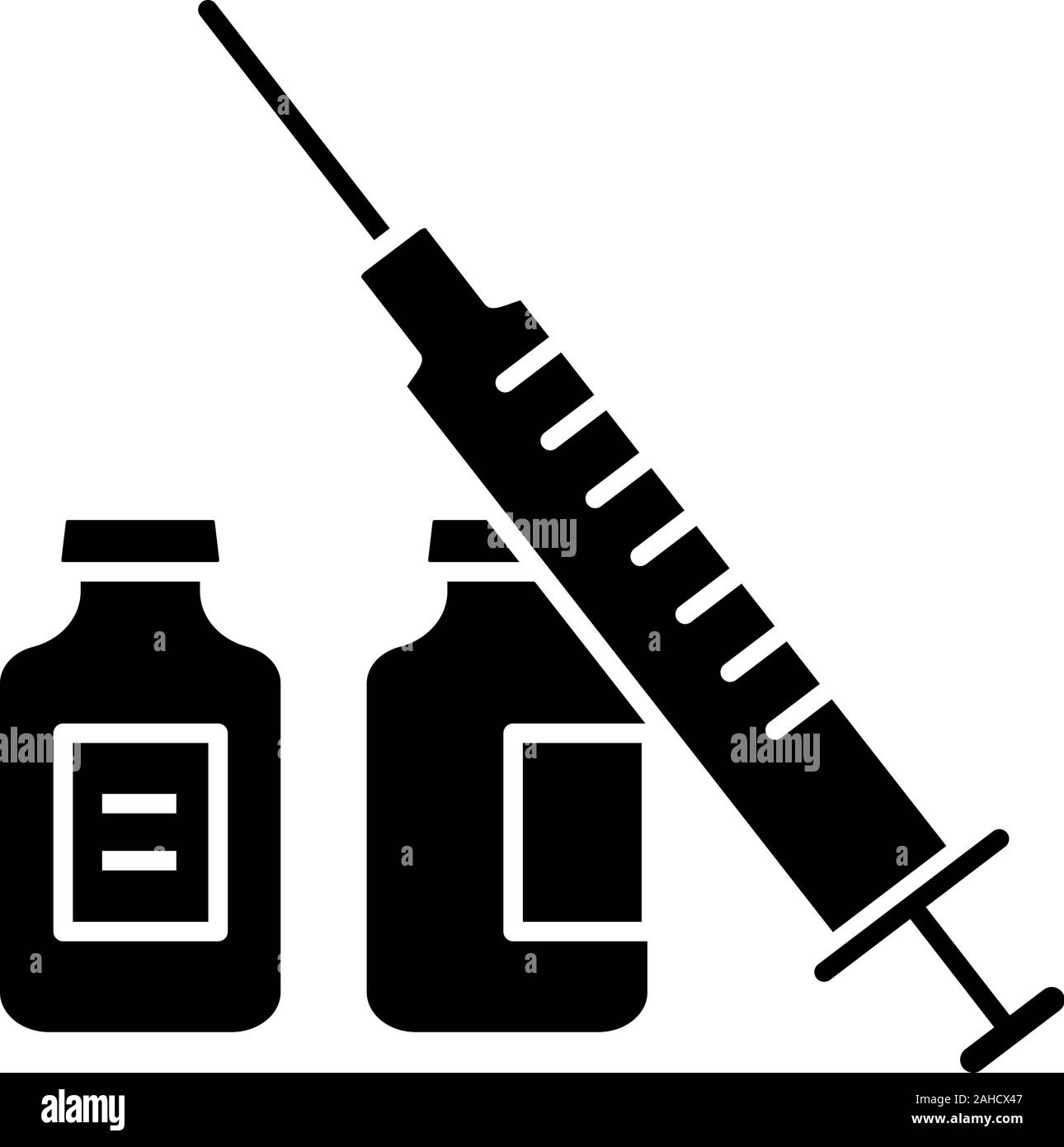 Syringe and vials glyph icon. Silhouette symbol. Flu shot. Vaccination. Virus, infection prevention. Vaccine. Medications, drugs. Negative space. Vect Stock Vector