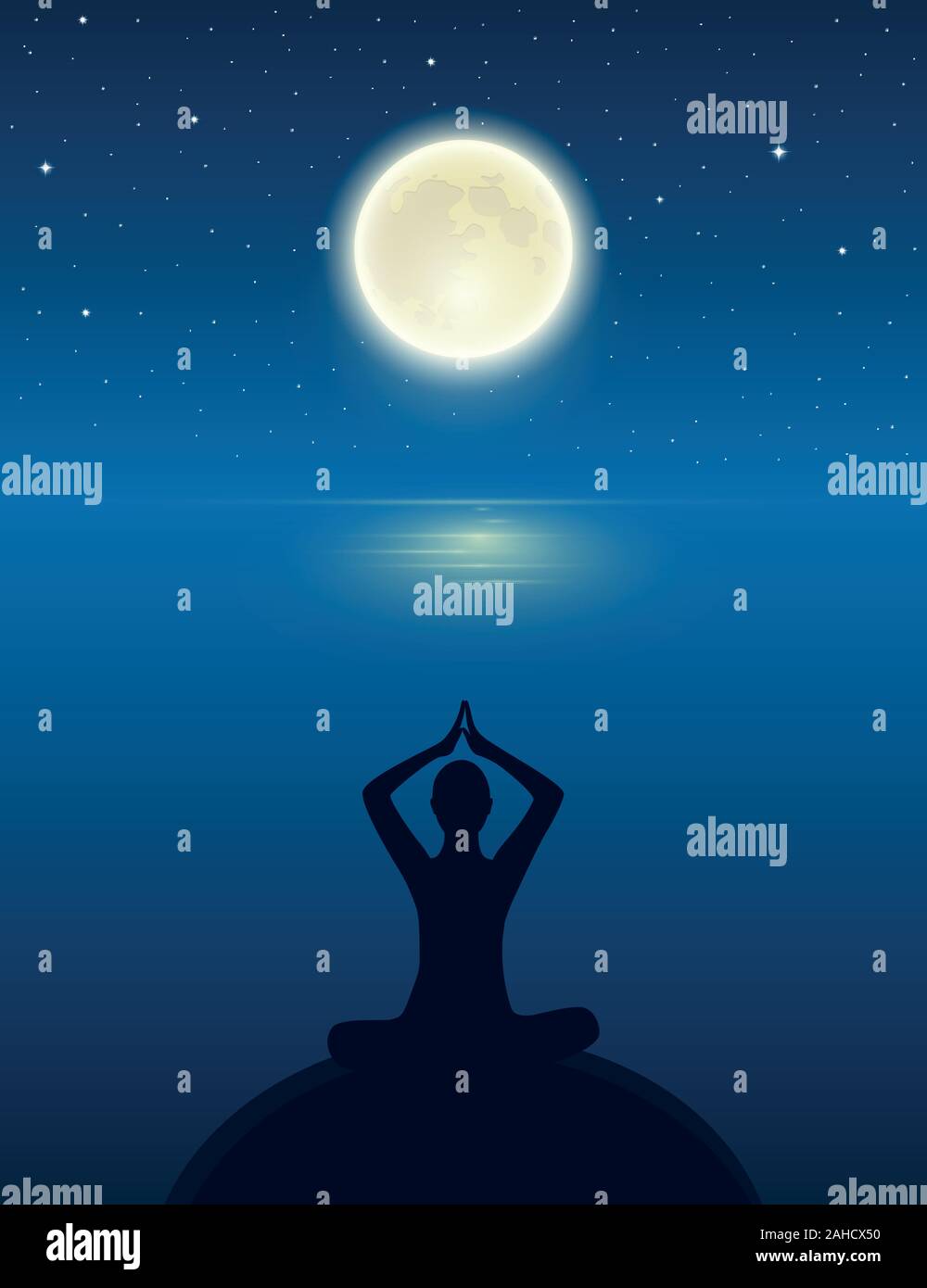 yoga meditating person silhouette by the ocean with full moon and starry sky vector illustration EPS10 Stock Vector