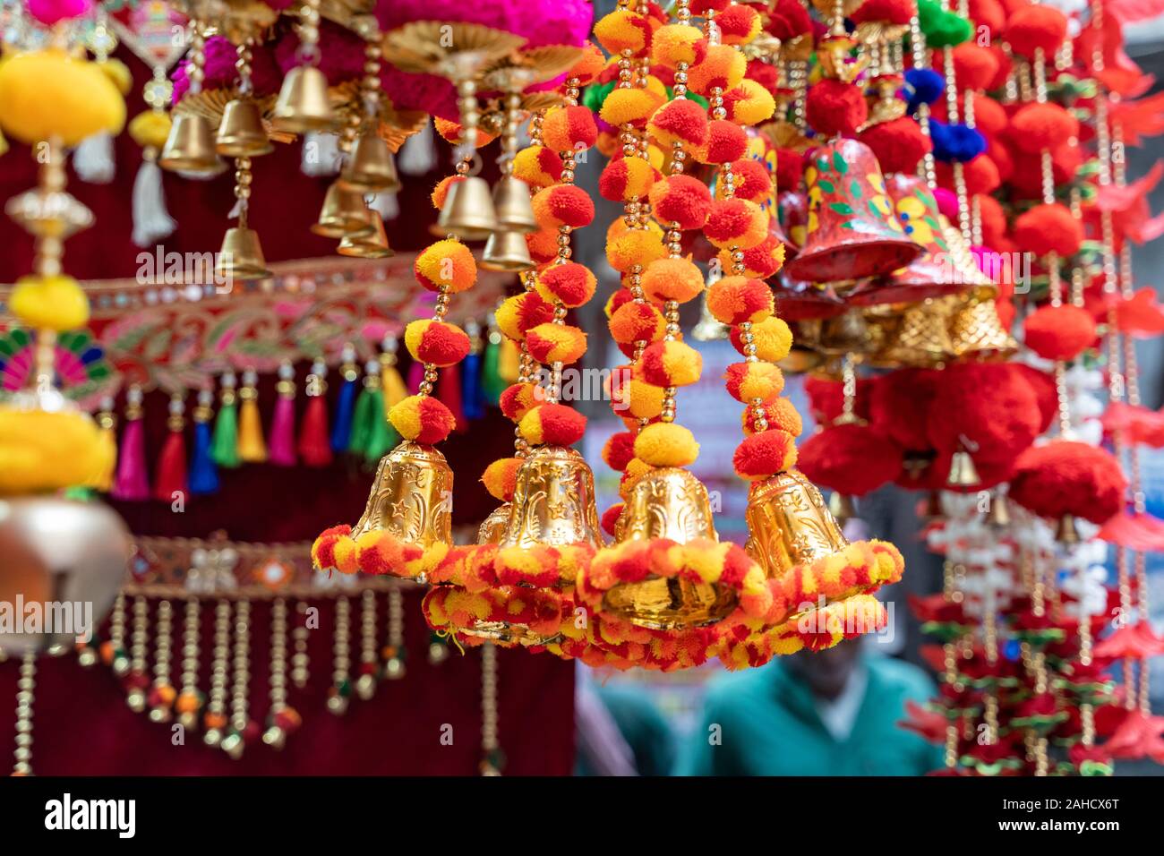 Pretty hanging decorations for Indian weddings for sale at a market Stock Photo