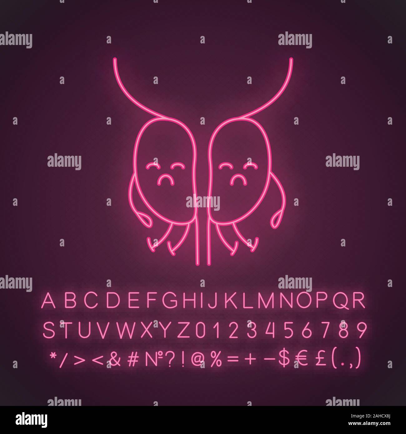 Sad prostate gland character neon light icon. Men's health. Male ...