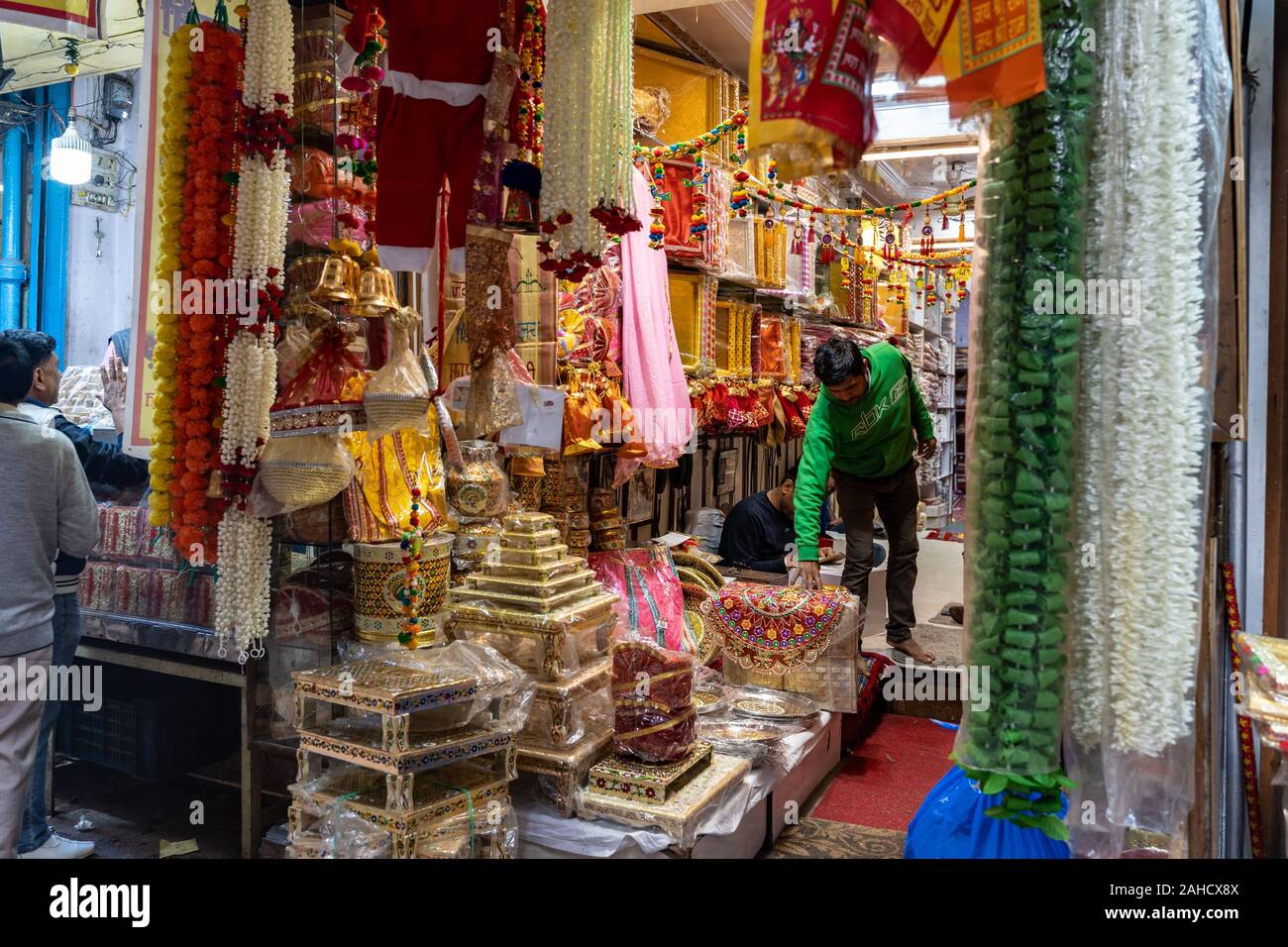 Delhi, India - December 14, 2019: Crowded Chandi Chowk market in Old Delhi, people shopping for wedding attire and decorations in the market Stock Photo