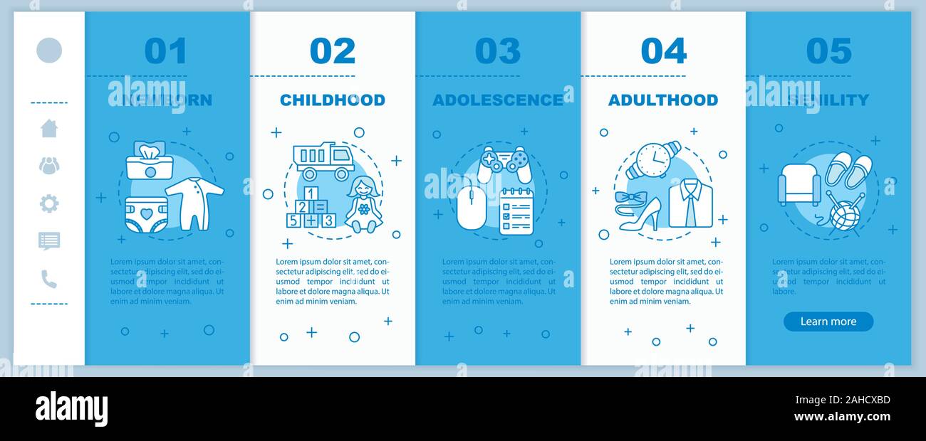 Human lifecycle onboarding mobile web pages vector template. Responsive smartphone interface idea with linear illustrations. Adolescence, newborn webp Stock Vector