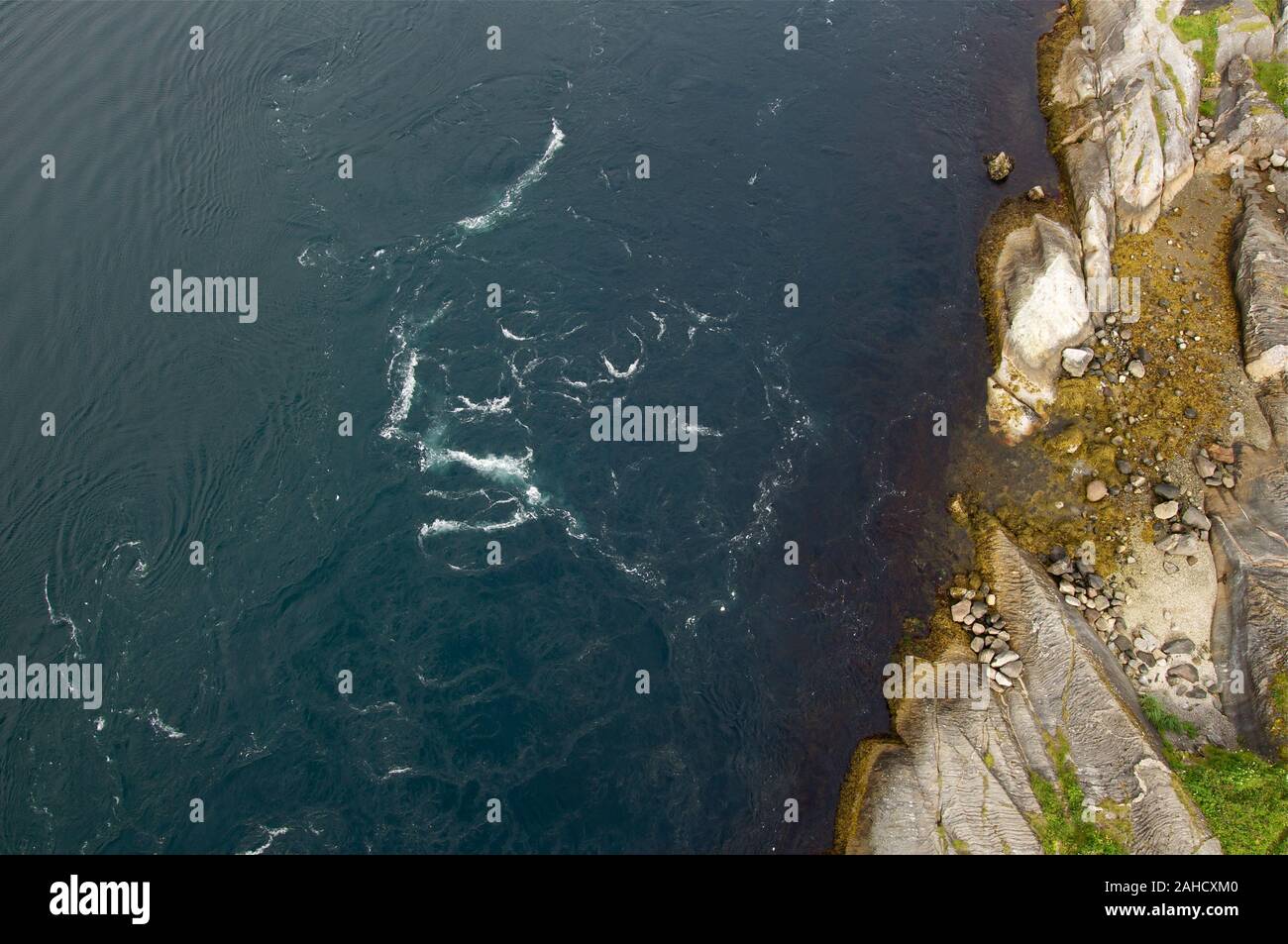 Saltstraumen sea whirlpools natural phenomenon landmarks in Norway aerial view Stock Photo