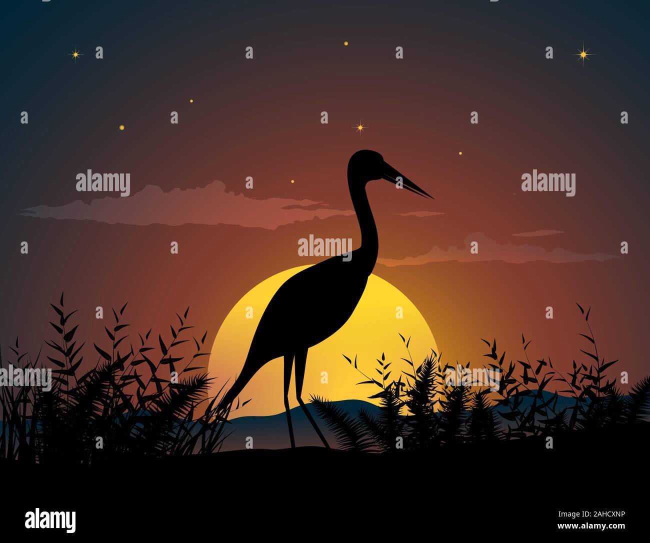 Sunset landscape with heron and grass Stock Vector