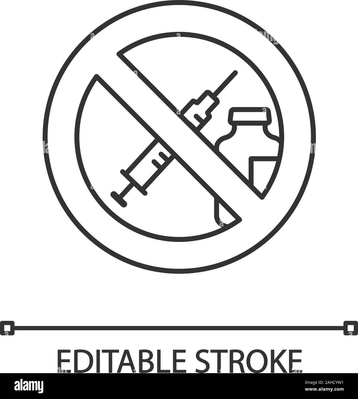 Drugs and pills prohibition sign linear icon. Thin line illustration. No syringe sticker. Injection forbidden. Anti vaccination. Contour symbol. Vecto Stock Vector