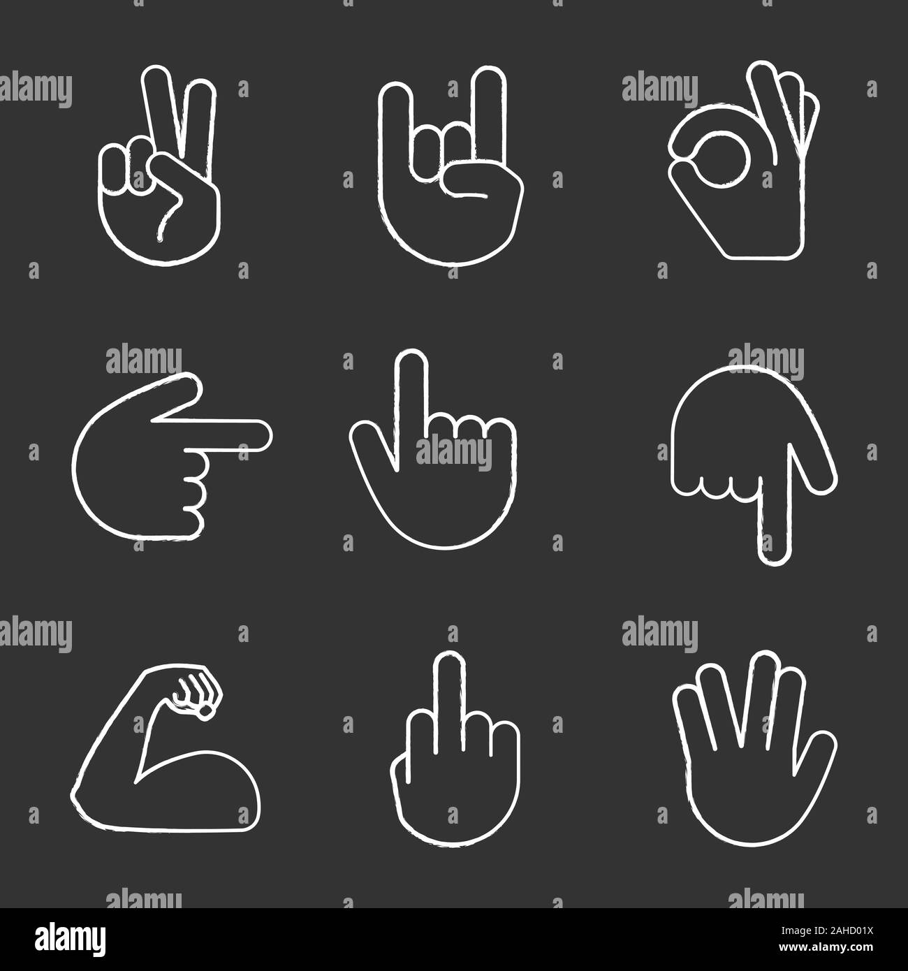 Hand gesture emojis chalk icons set. Victory, rock on, OK, middle finger, vulcan salute gesturing, flexed bicep. Backhand index pointing right, up and Stock Vector