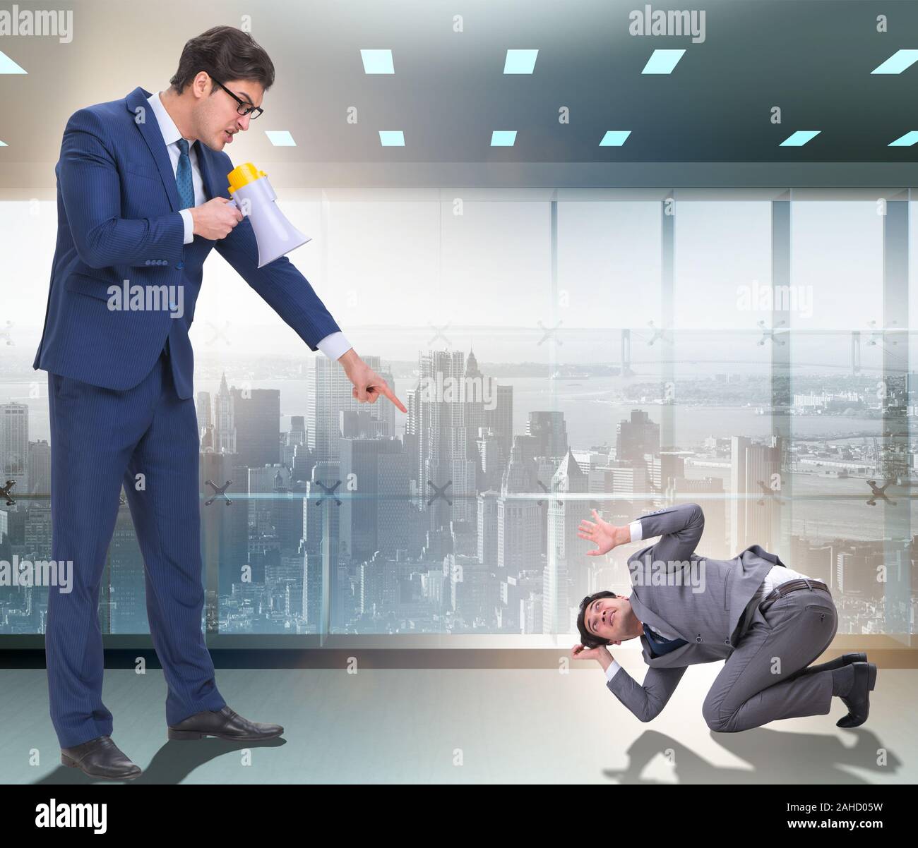 The bad angry boss shouting at employee with loudspeaker Stock Photo ...
