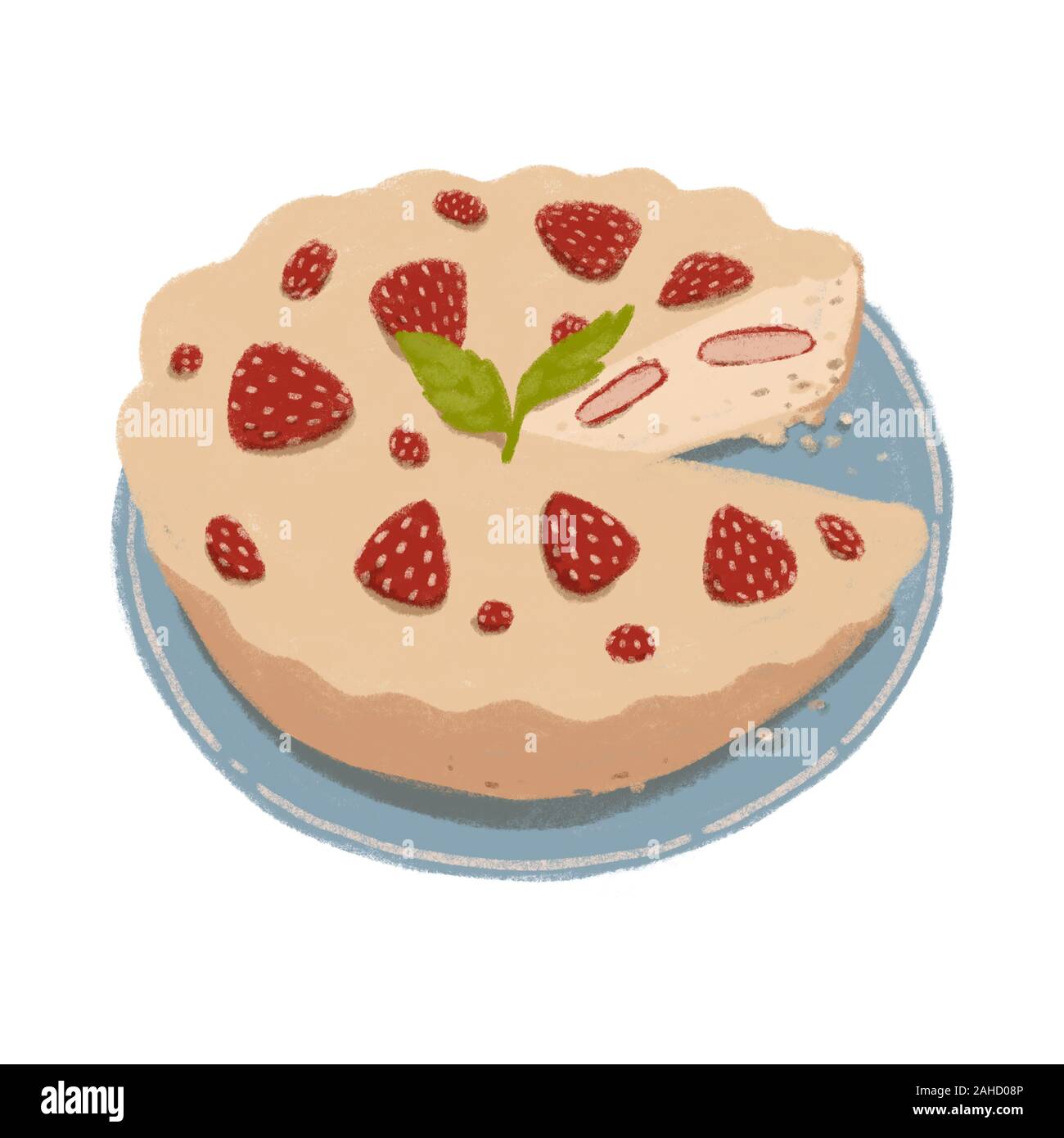 Strawberry pie on a blue plate with a sprig of mint. Stock Photo