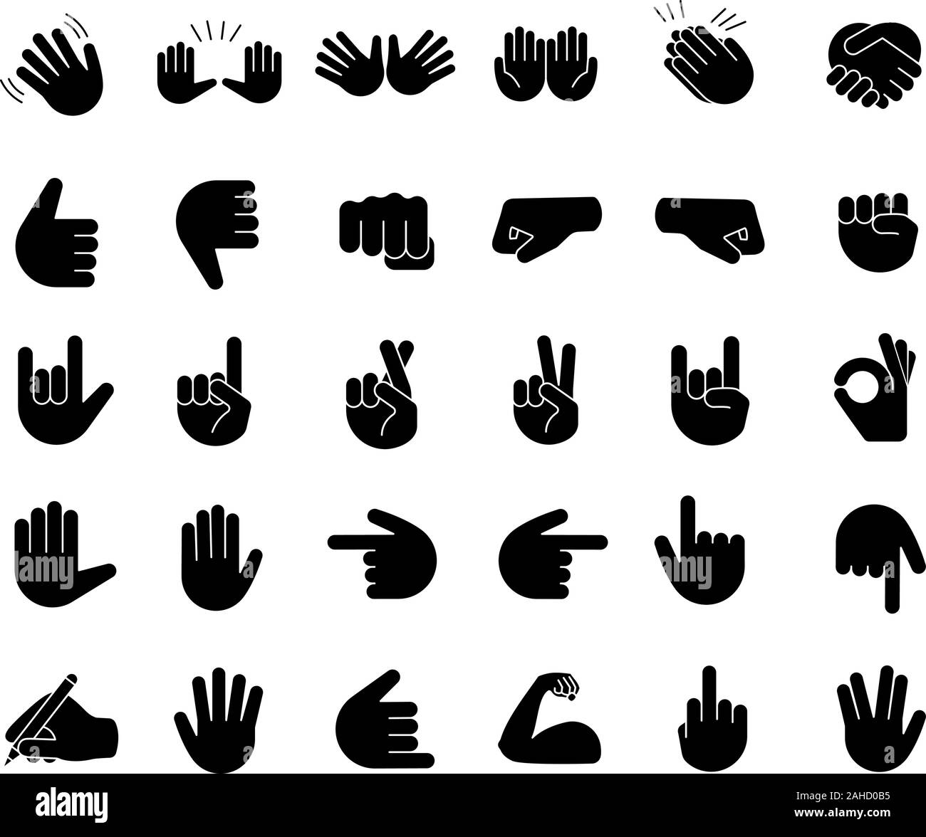 Hand gesture emojis glyph icons set. Pointing fingers, fists, palms. Social media, network emoticons. OK, hello, rock, like gesturing. Hand symbols. S Stock Vector