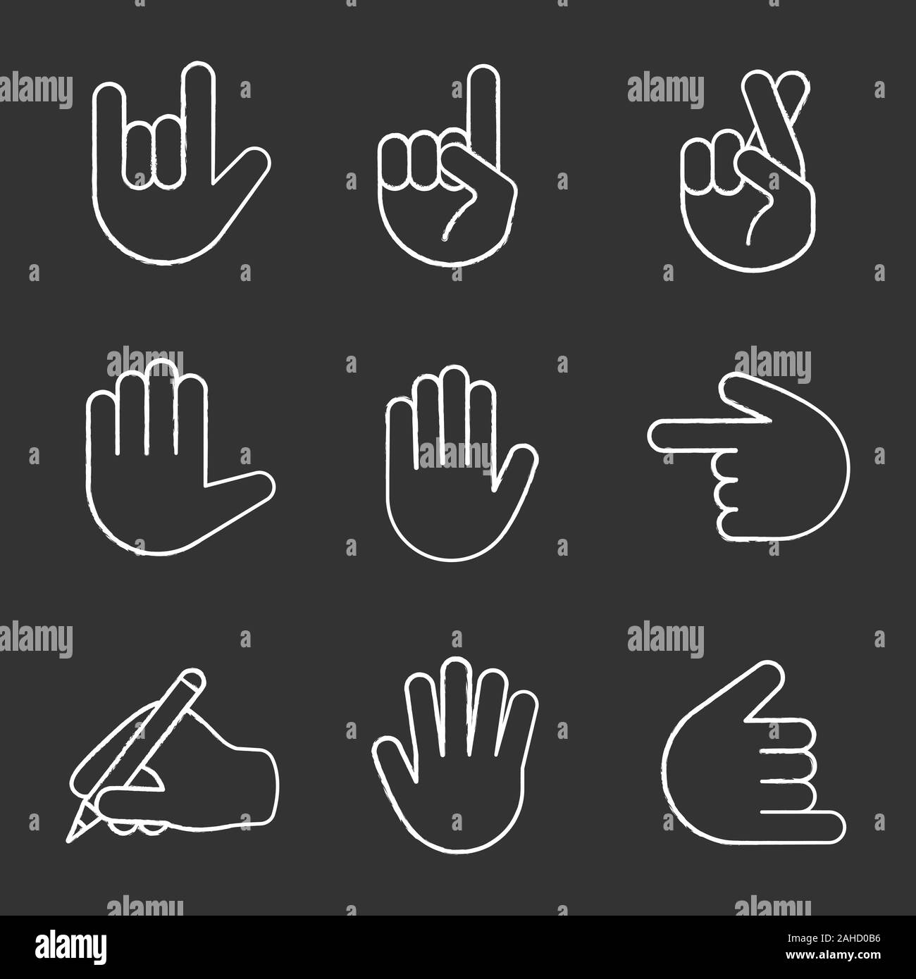 Hand Gesture Emojis Chalk Icons Set Love You Rock On Backhand Index Pointing Left And Up Luck High Five Counting Five Shaka Gesturing Writing Stock Vector Image Art Alamy