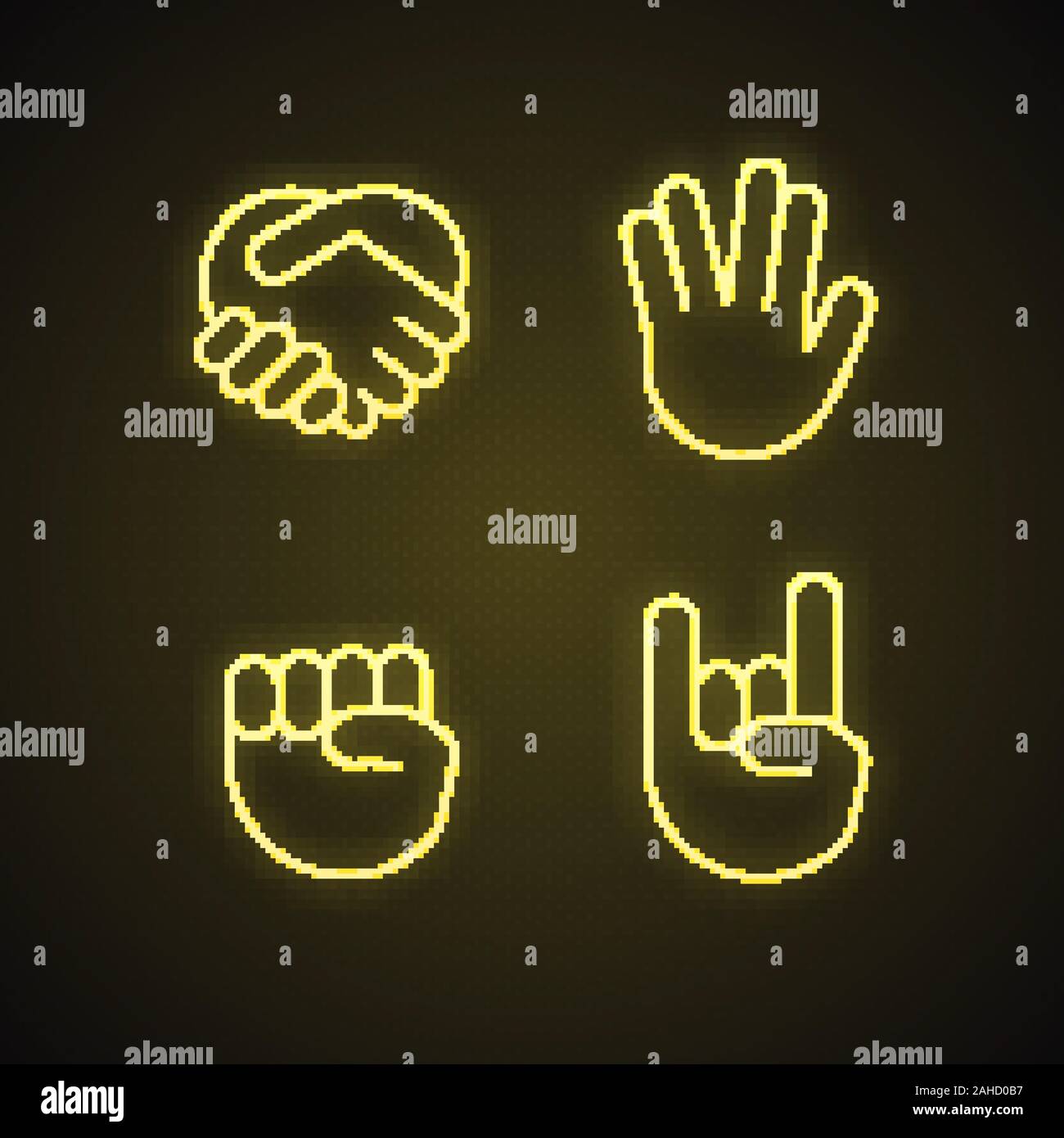 Hand gesture emojis neon light icons set. Handshake, vulcan salute