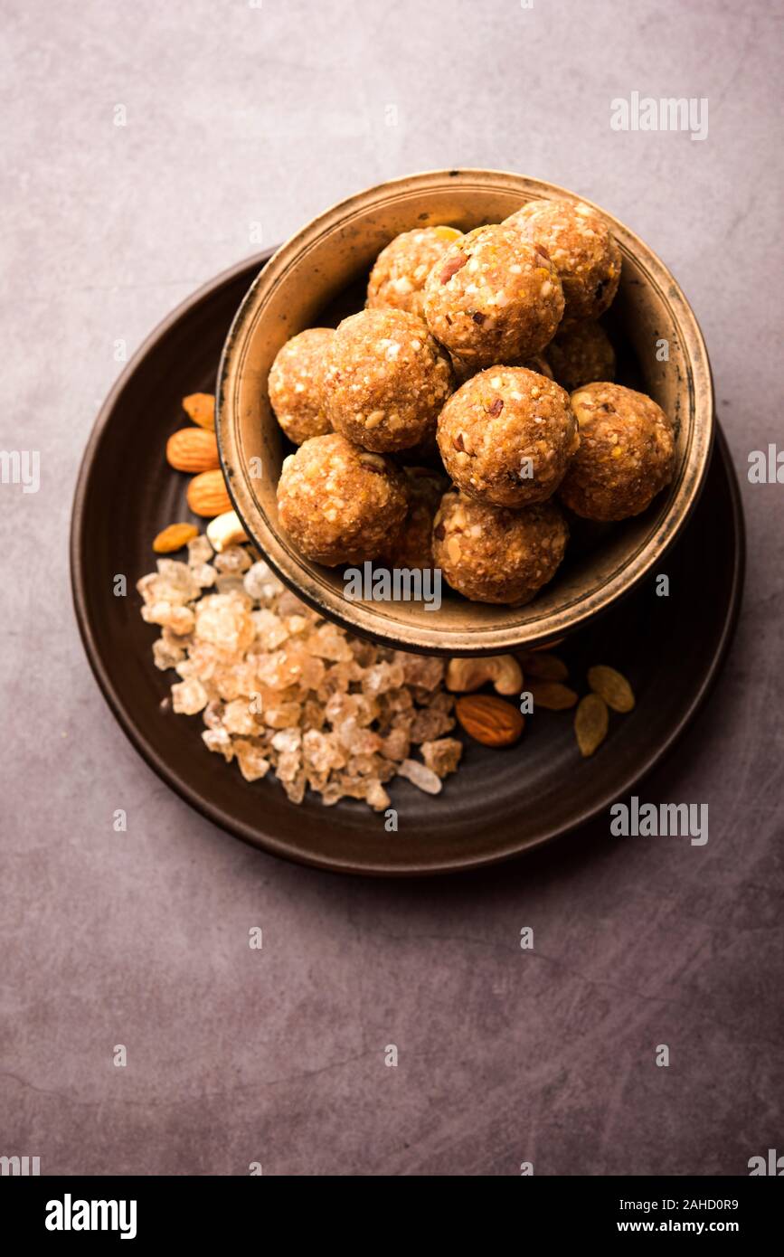 sweet Dink laddu also known as Dinkache ladoo or gond ke laddoo made using edible gum with dry fruits Stock Photo