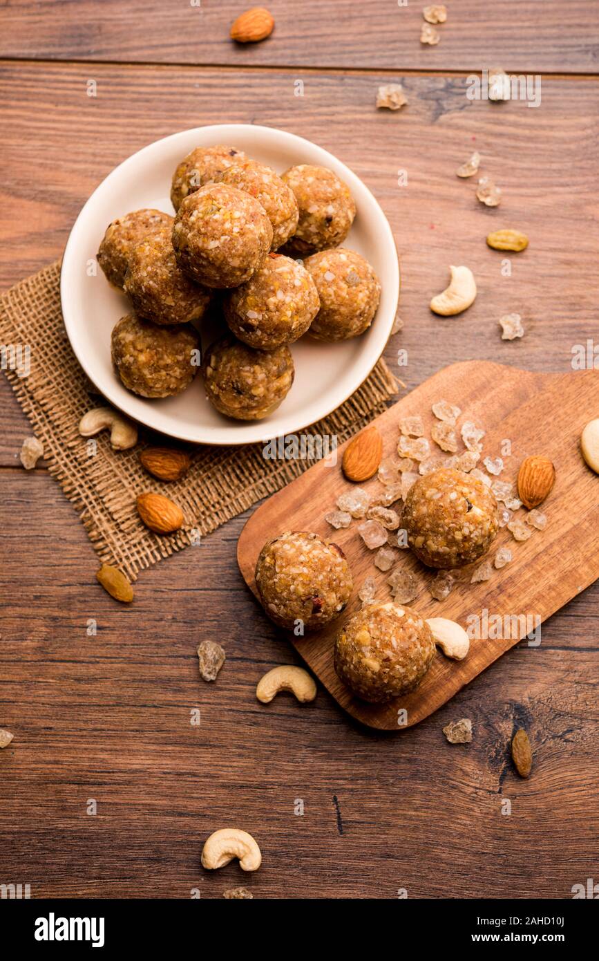 sweet Dink laddu also known as Dinkache ladoo or gond ke laddoo made using edible gum with dry fruits Stock Photo