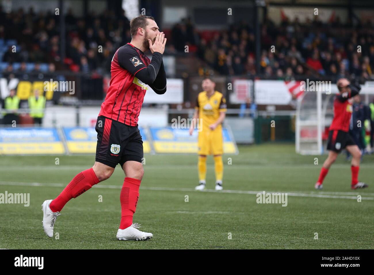 Sutton, UK. 28th Dec, 2019. Luke Wilkinson of Yeovil Town looks disappointed in his miss during the Vanarama National League match between Sutton United and Yeovil Town at the Knights Community Stadium, Gander Green Lane, Sutton on Saturday 28th December 2019. (Credit: Jacques Feeney | Credit: MI News & Sport /Alamy Live News Stock Photo