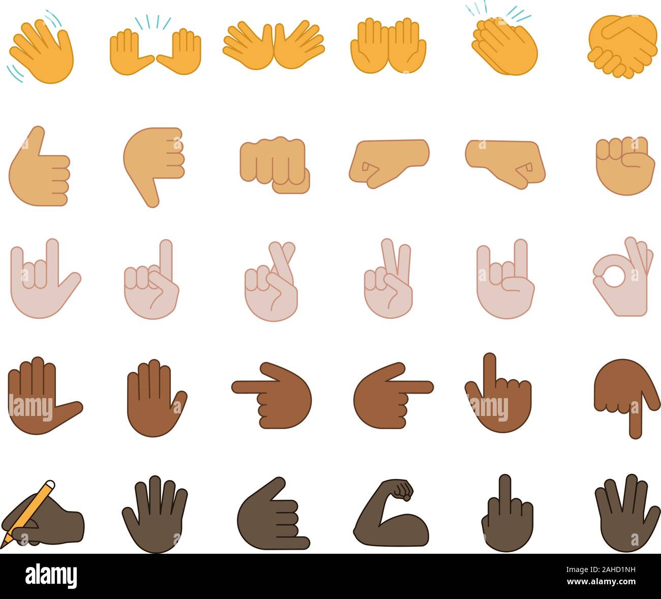 Hand gesture emojis color icons set. Pointing fingers, fists, palms. Social media, network emoticons. OK, hello, rock, like gesturing. Hand symbols. I Stock Vector