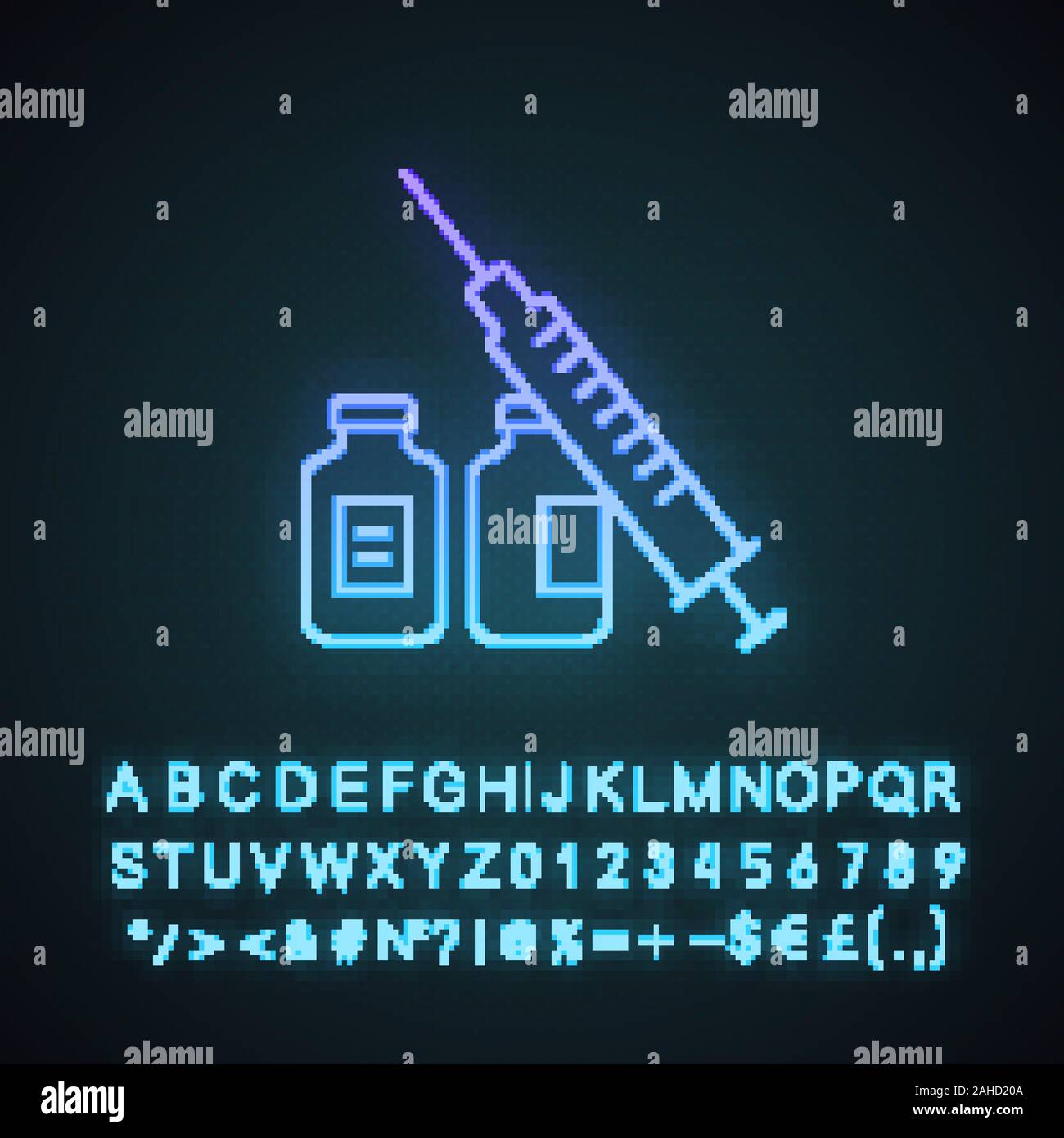 Syringe and vials neon light icon. Flu shot. Vaccination. Virus, infection prevention. Vaccine. Medications, drugs. Glowing sign with alphabet, number Stock Vector