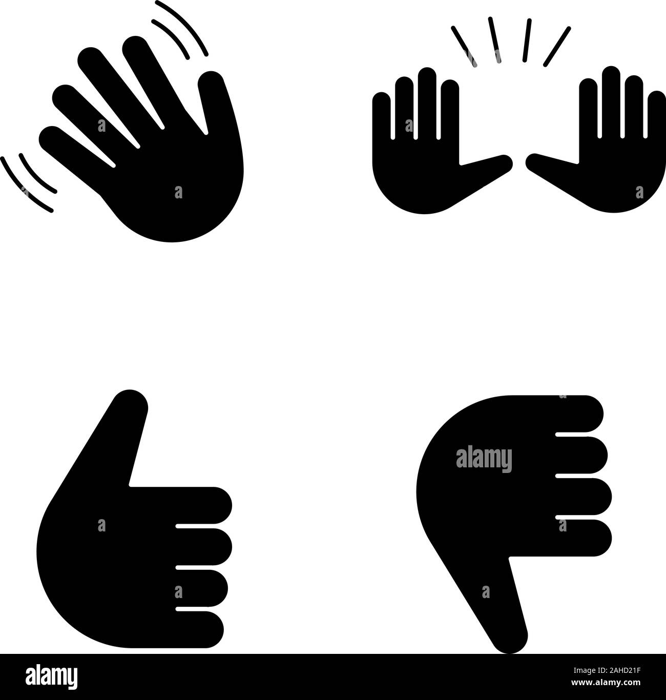 Hand gesture emojis glyph icons set. Hello, goodbye, stop, good job, disapproval gesturing. Waving and raising hands, thumbs up and down. Silhouette s Stock Vector