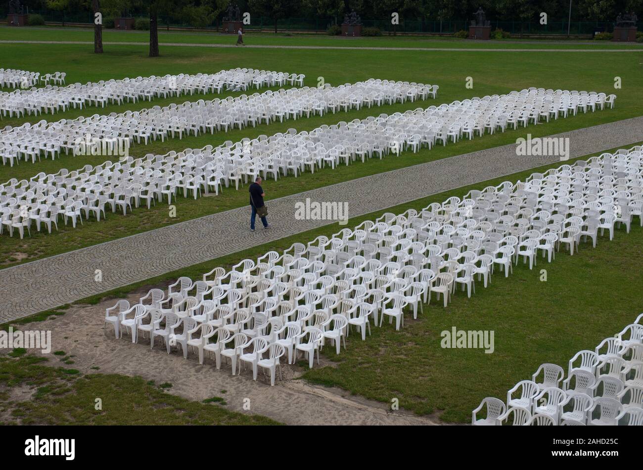 Rows of chairs for faithful followers at the Jasna Góra monastery in Częstochowa, Poland Stock Photo