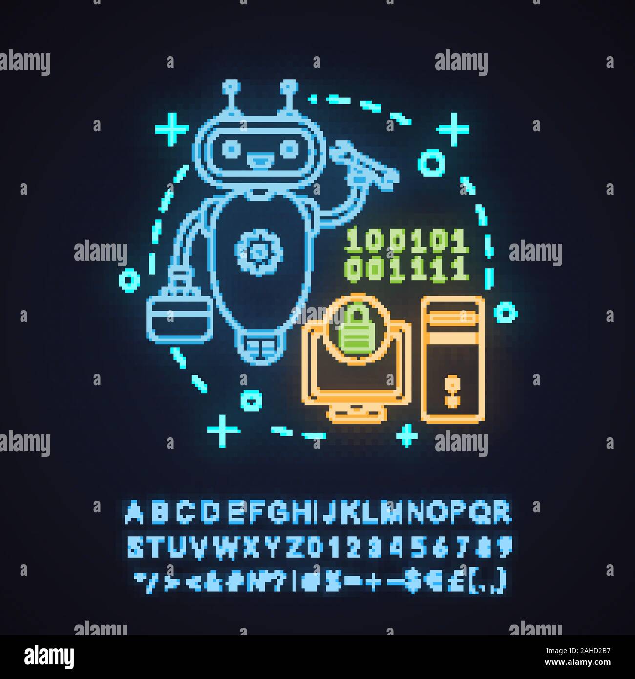 Problem fixing neon light concept icon. Customer support idea. Client service chatbot. Virtual assistant with spanner. Glowing sign with alphabet, num Stock Vector