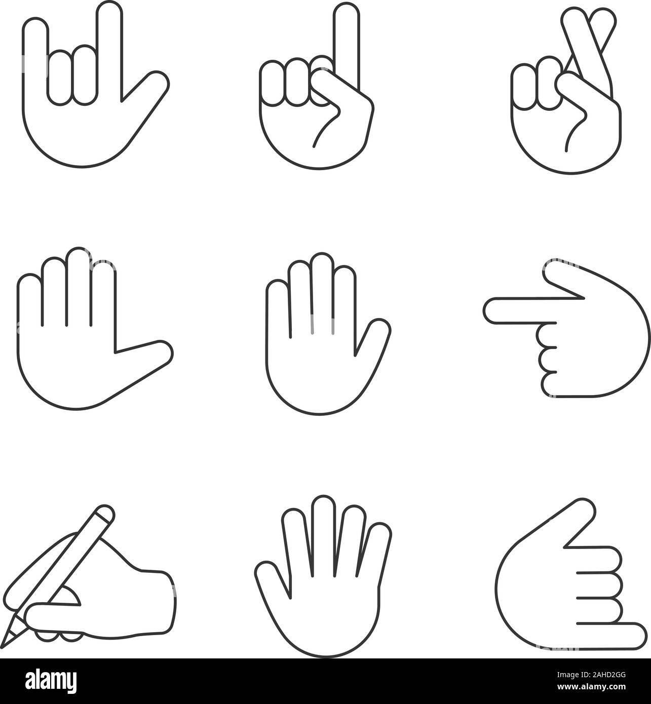 Hand gesture emojis linear icons set. Thin line contour symbols