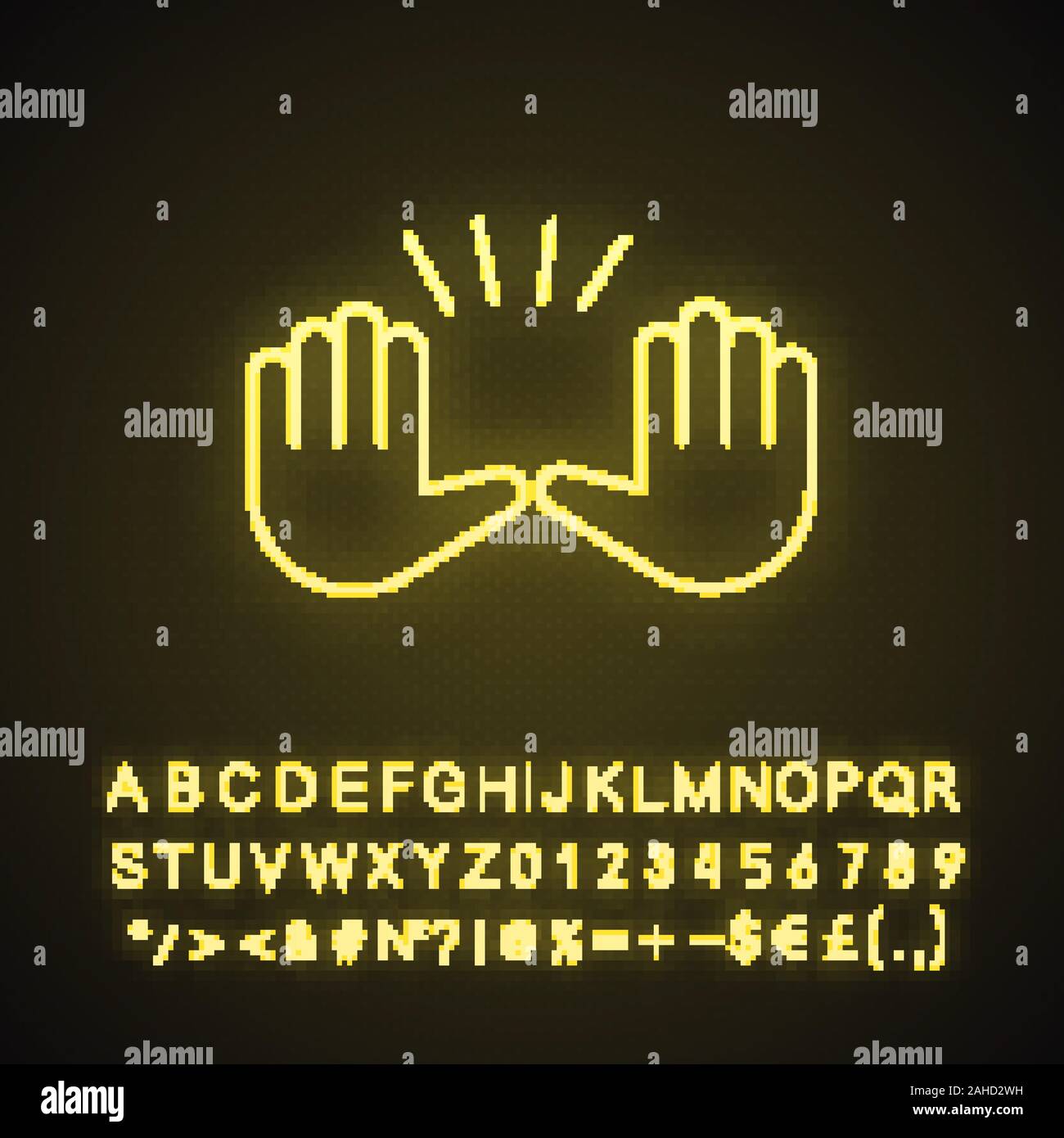 Raising hands gesture neon light icon. Stop, surrender gesturing
