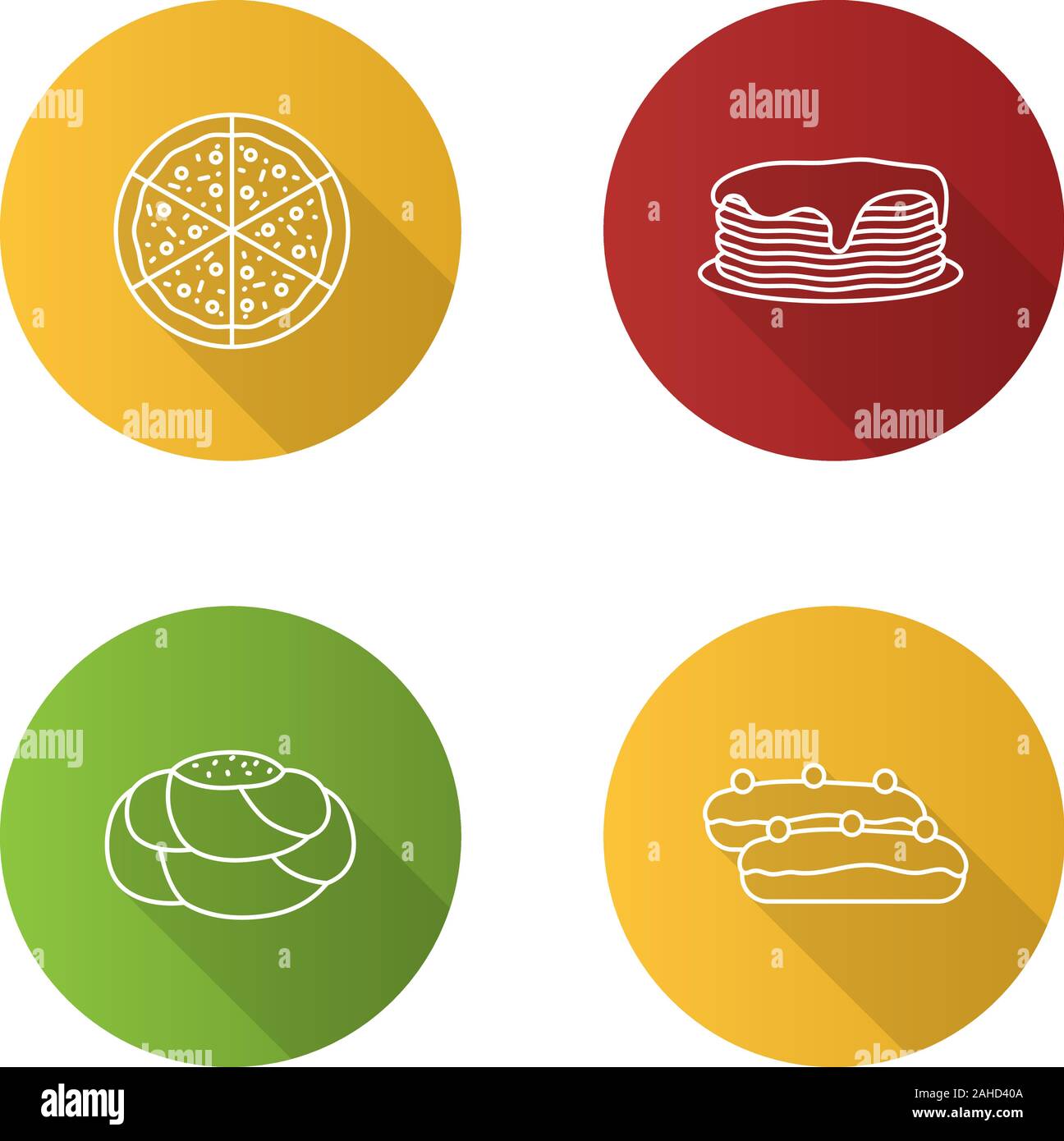 Bakery flat linear long shadow icons set. Pizza, pancakes stack, pastry bread, eclair. Vector outline illustration Stock Vector