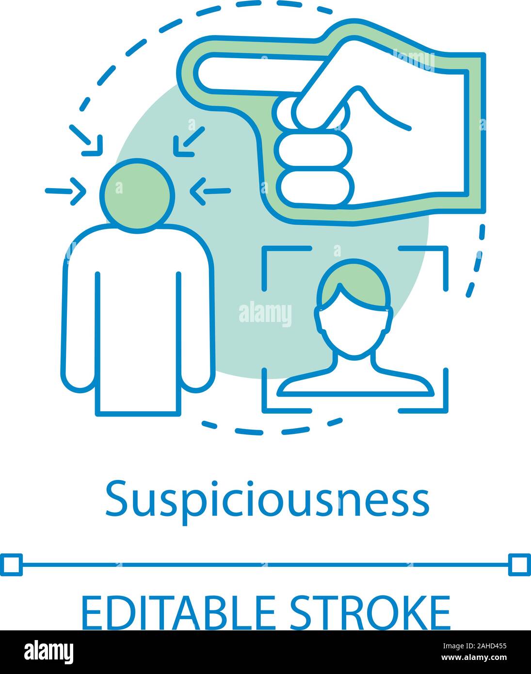 Suspiciousness concept icon. Mistrust idea thin line illustration. Law problem. Suspicion feeling. Detective and criminal. Secret agent interrogation. Stock Vector