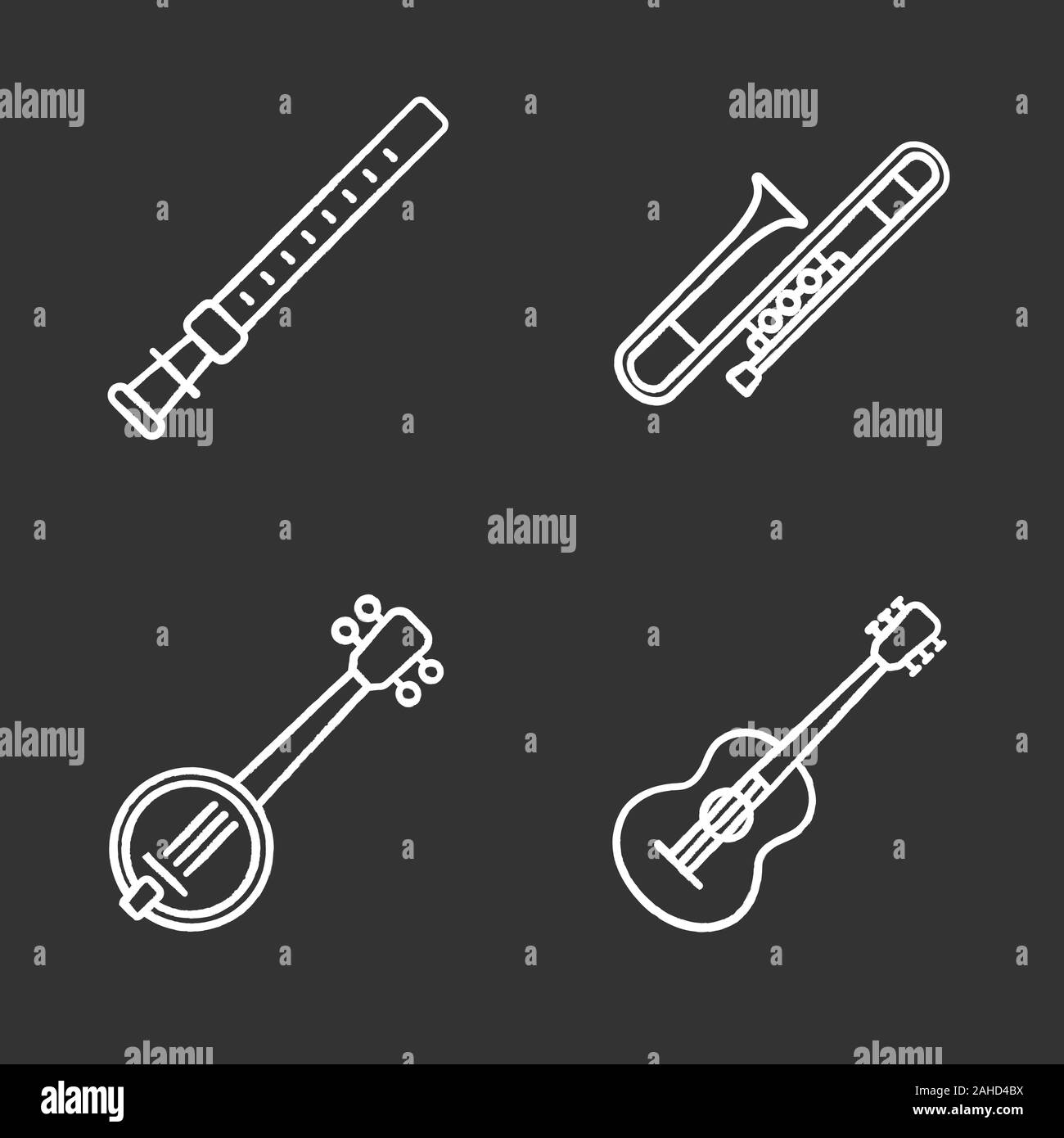 Musical instruments chalk icons set. Duduk, guitar, banjo, trombone. Isolated vector chalkboard illustrations Stock Vector