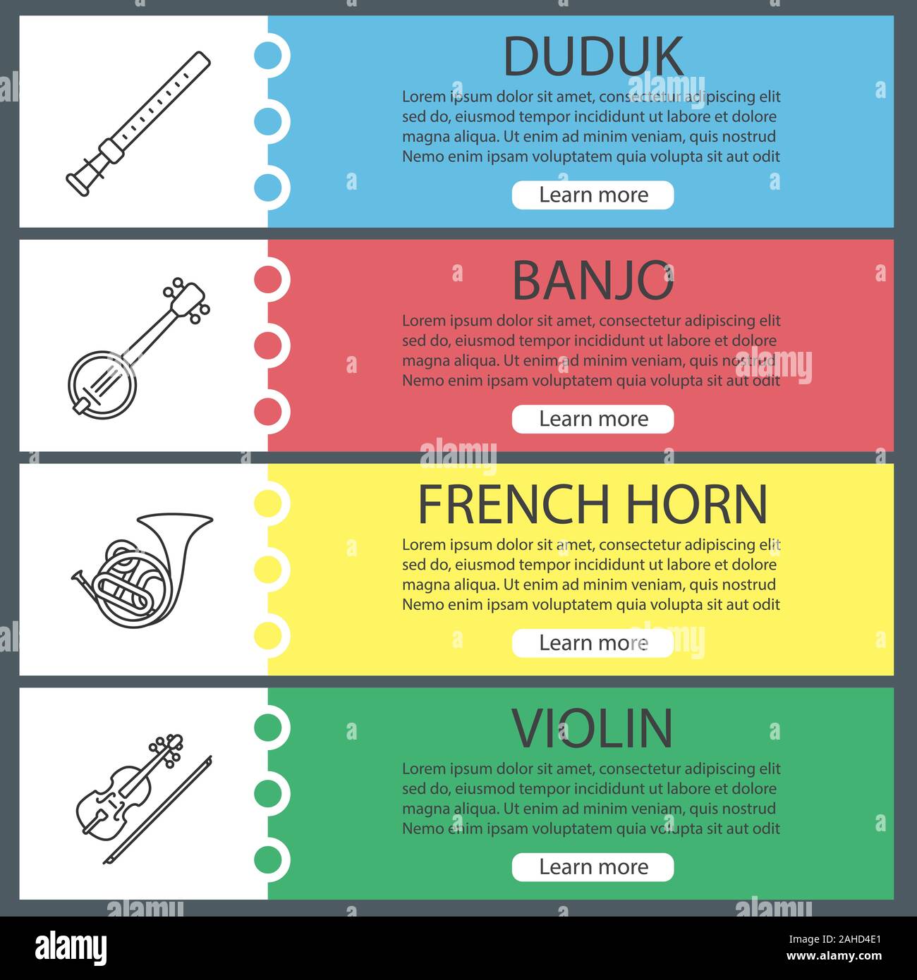 Musical instruments web banner templates set. Duduk, banjo, french horn