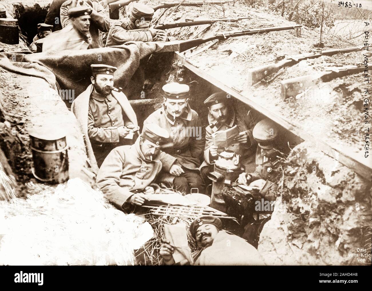 World War I (WWI or WW1), also known as the First World War, the Great War, or the War to End All Wars,[5] was a global war originating in Europe that lasted from 28 July 1914 to 11 November 1918. More than 70 million military personnel, including 60 million Europeans, were mobilised in one of the largest wars in history.Over nine million combatants and seven million civilians died as a result of the war (including the victims of a number of genocides), a casualty rate exacerbated by the belligerents' technological and industrial sophistication, and the tactical stalemate caused by gruelling t Stock Photo