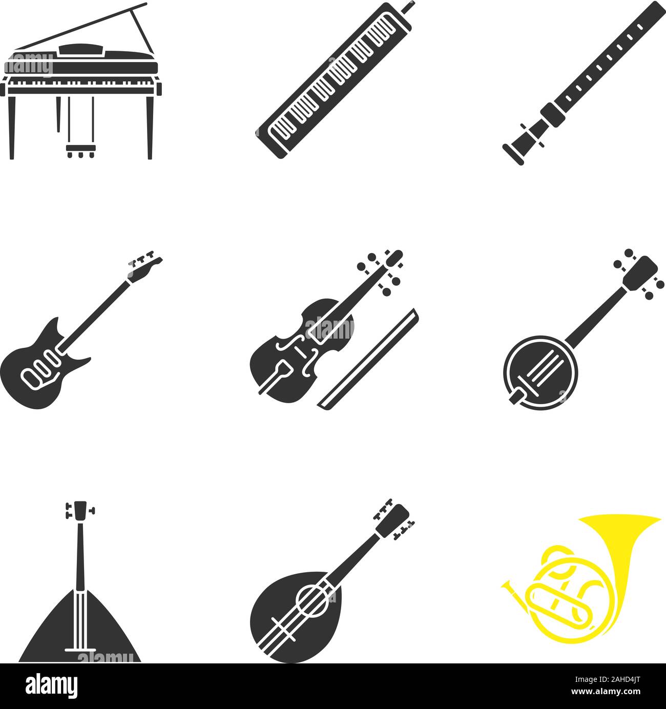 Musical instruments glyph icons set. Piano, melodica, duduk, electric