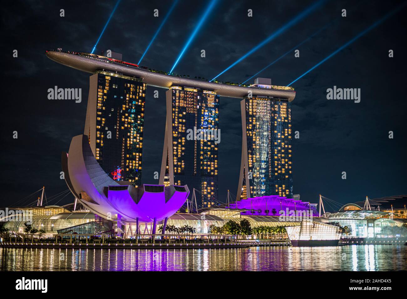 Marina Bay Sands Hotel, Art and Science Museum, left, nightly light show, Singapore Stock Photo