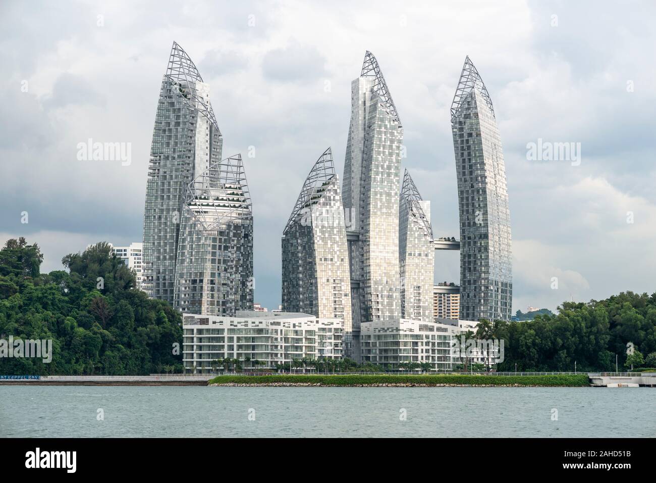 'Reflections at Keppel Bay', luxury residential development, designed by Daniel Libeskind, high-rise buildings at the Marina, from Sentosa Island, Sin Stock Photo