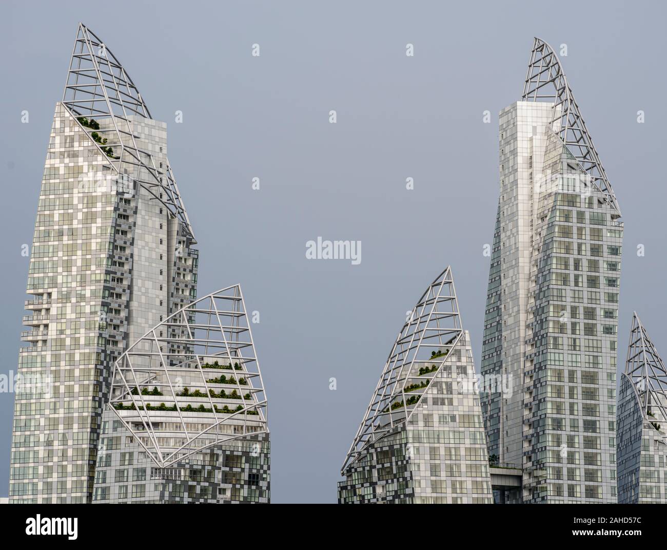 'Reflections at Keppel Bay', luxury residential development, designed by Daniel Libeskind, high-rise buildings at the Marina, from Sentosa Island, Sin Stock Photo