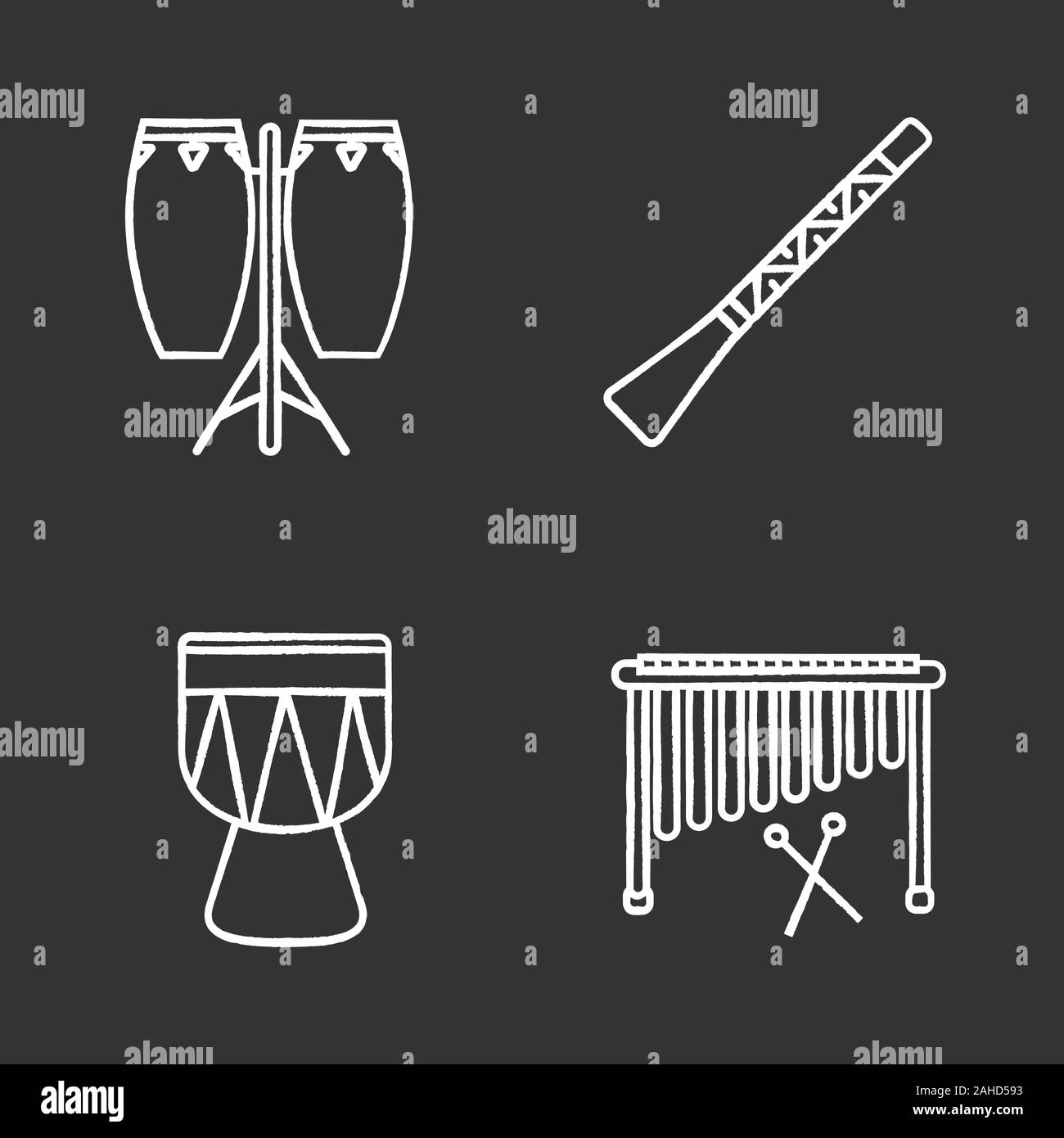 Musical instruments chalk icons set. Conga, didgeridoo, marimba, kendang. Isolated vector ...