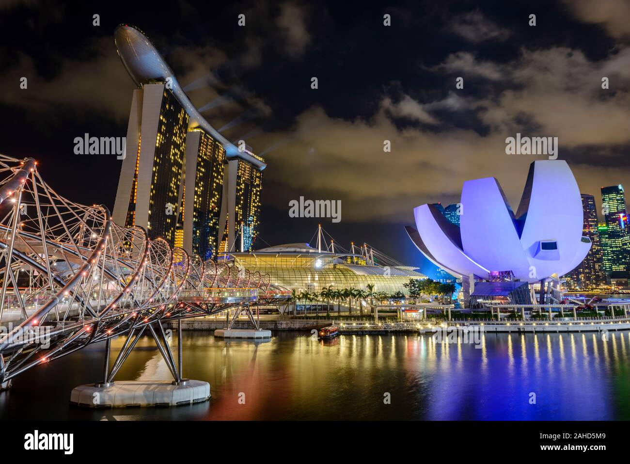 Marina Bay Sands Hotel, Art and Science Museum, at night, nightly light show, Singapore Stock Photo