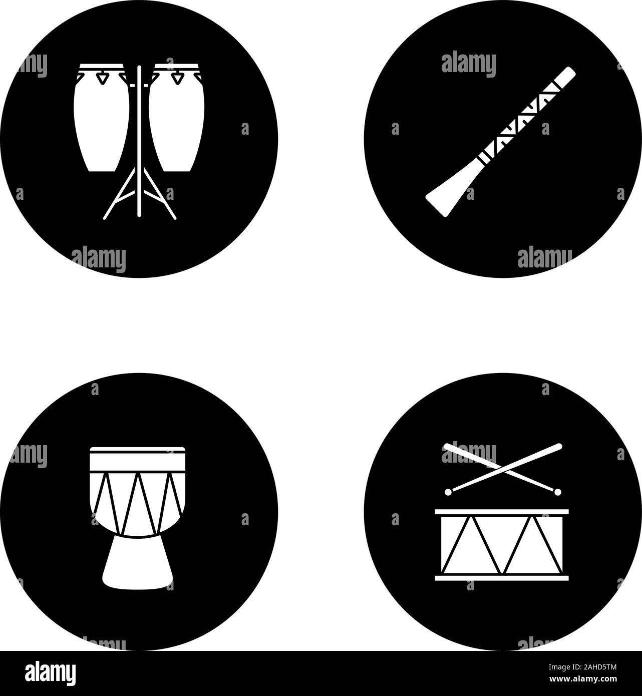 Musical instruments glyph icons set. Conga, didgeridoo, kendang, drum. Vector white silhouettes illustrations in black circles Stock Vector