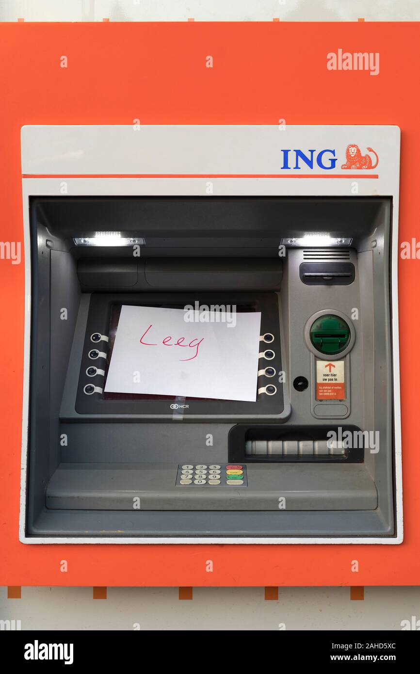 The Hague, Netherlands - December 25, 2019: Cash machine from the ING bank with a written note the word empty Stock Photo