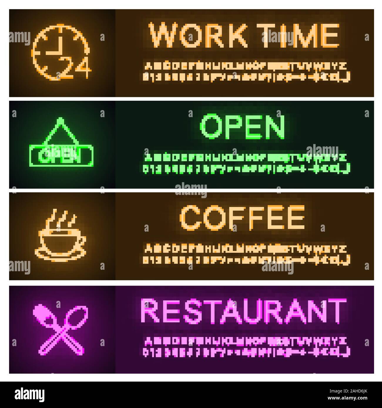Cafe and restaurant neon light banner templates set. Working hours