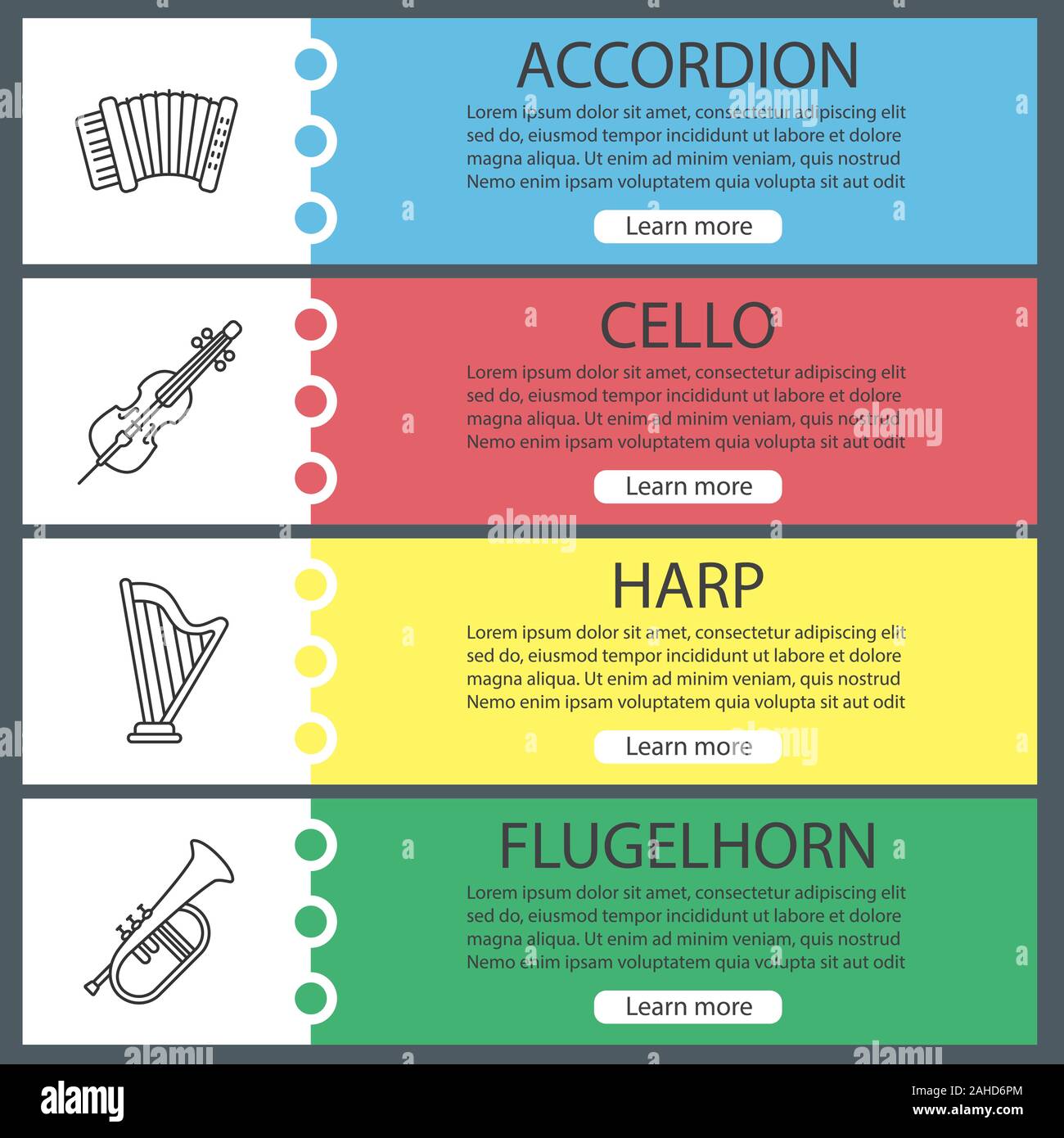 Musical instruments web banner templates set. Accordion, cello, harp
