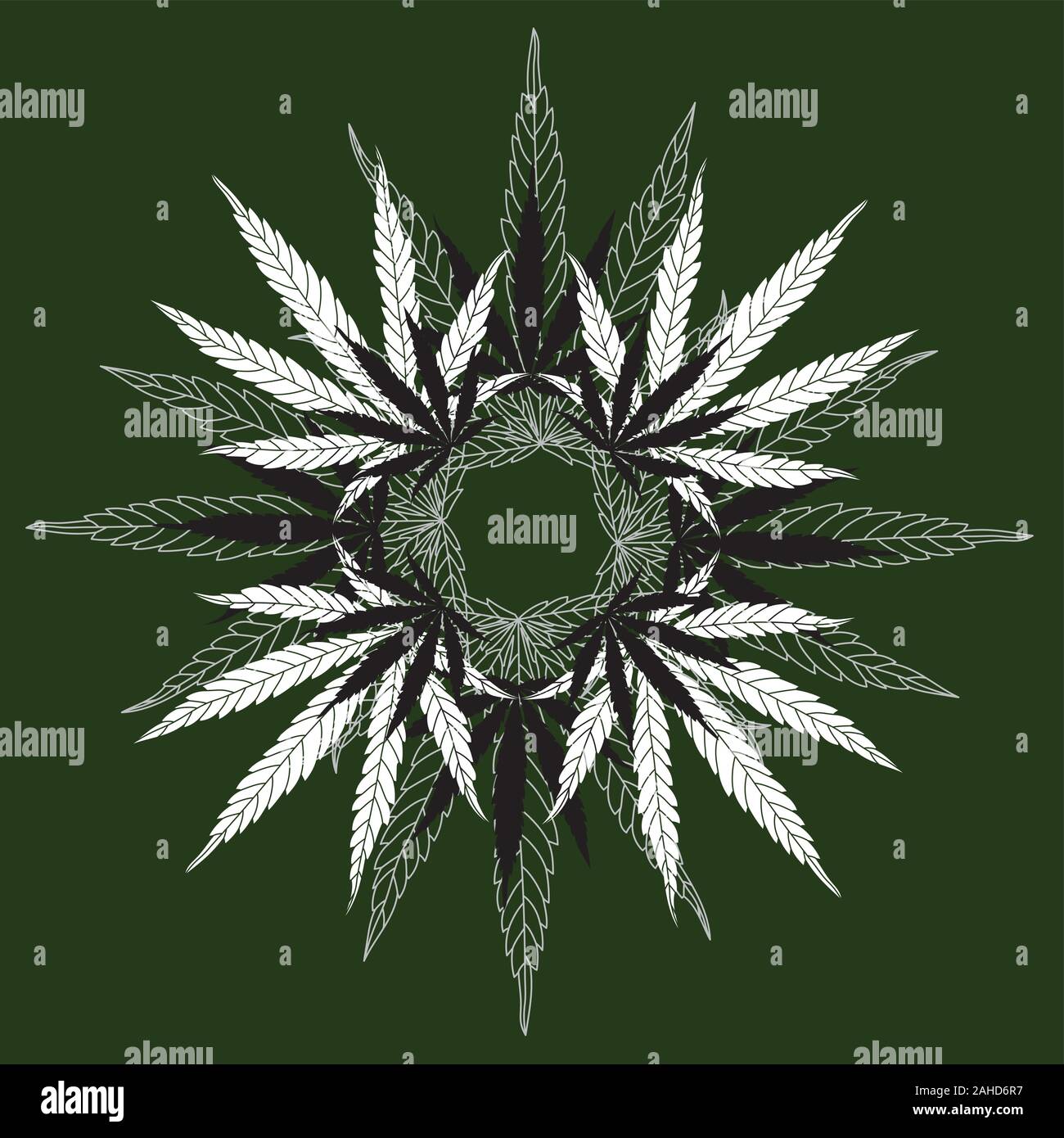 Detailed Hemp Leaf Mandala Wreath on Green Background. Vector Line Cannabis Leaves Drawing and Silhouettes Stock Vector