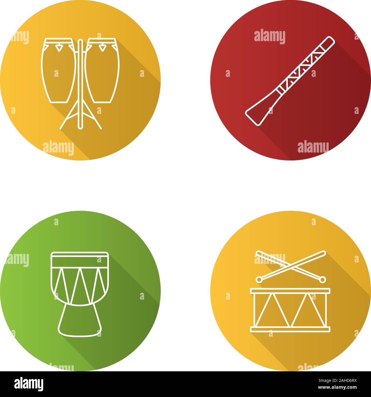 Musical instruments flat linear long shadow icons set. Conga, didgeridoo, kendang, drum. Vector outline illustration Stock Vector