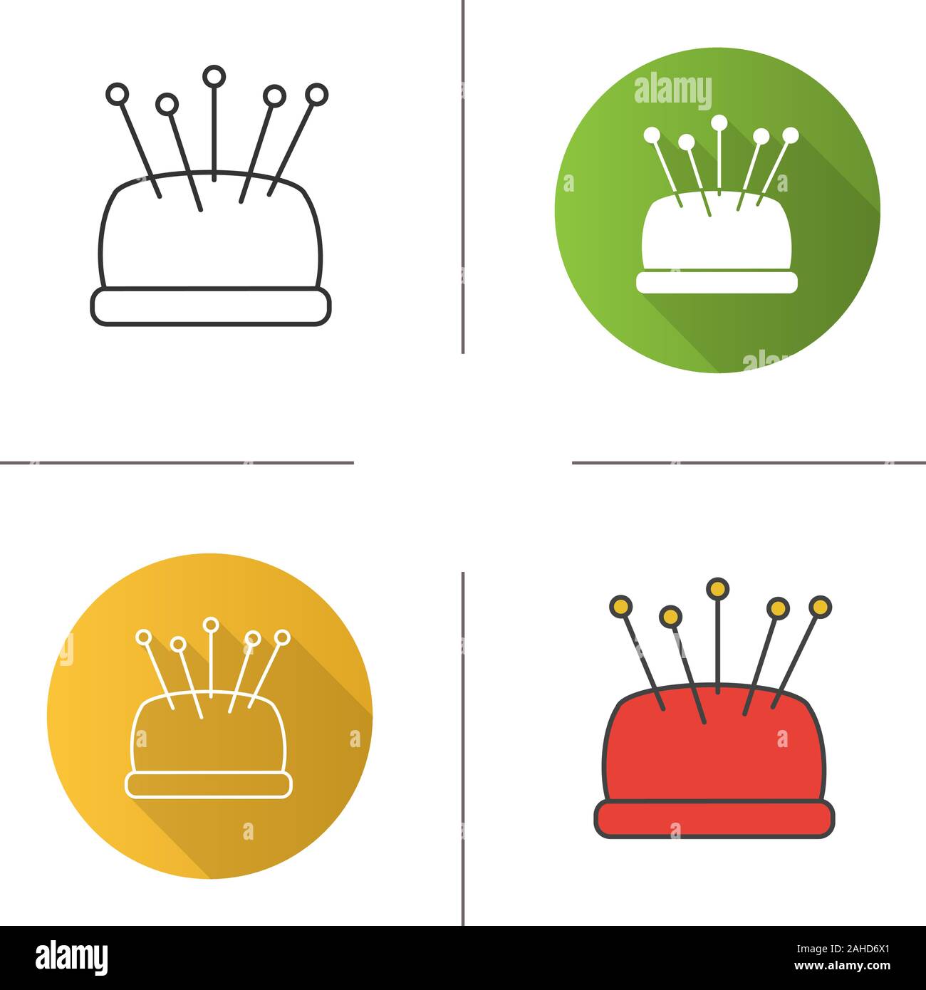 Pincushion with pins icon. Flat design, linear and color styles. Isolated vector illustrations Stock Vector