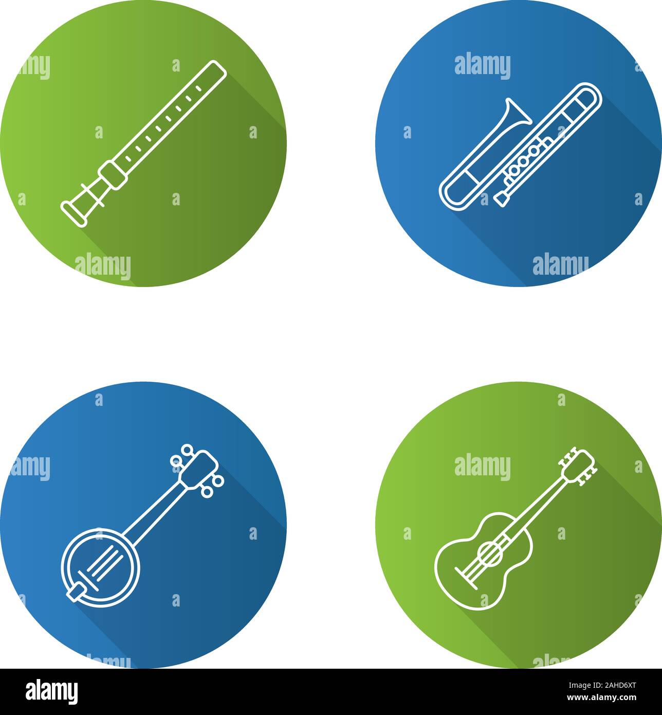 Musical instruments flat linear long shadow icons set. Duduk, guitar, banjo, trombone. Vector outline illustration Stock Vector