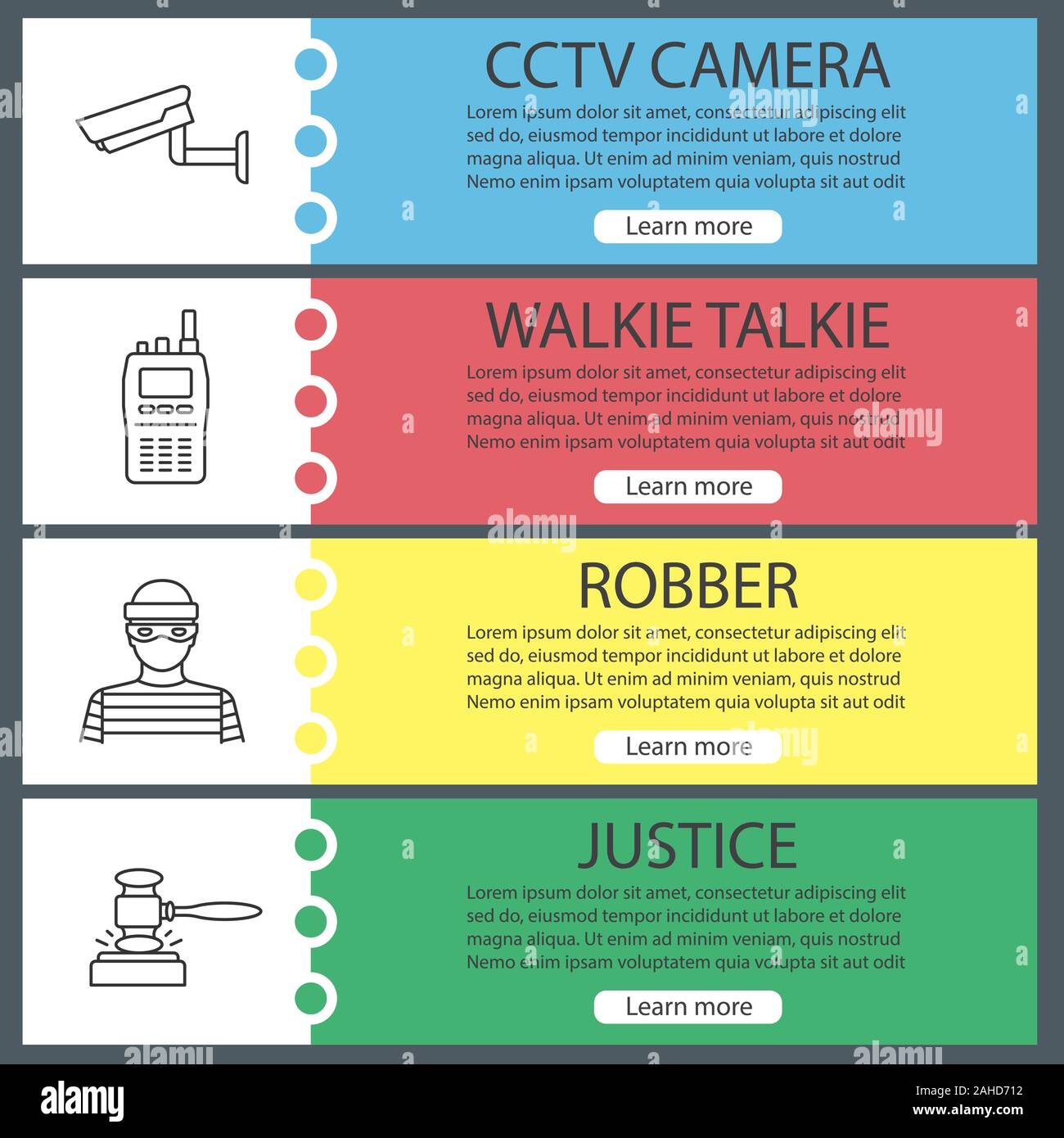 Police web banner templates set. Surveillance camera, walkie talkie ...