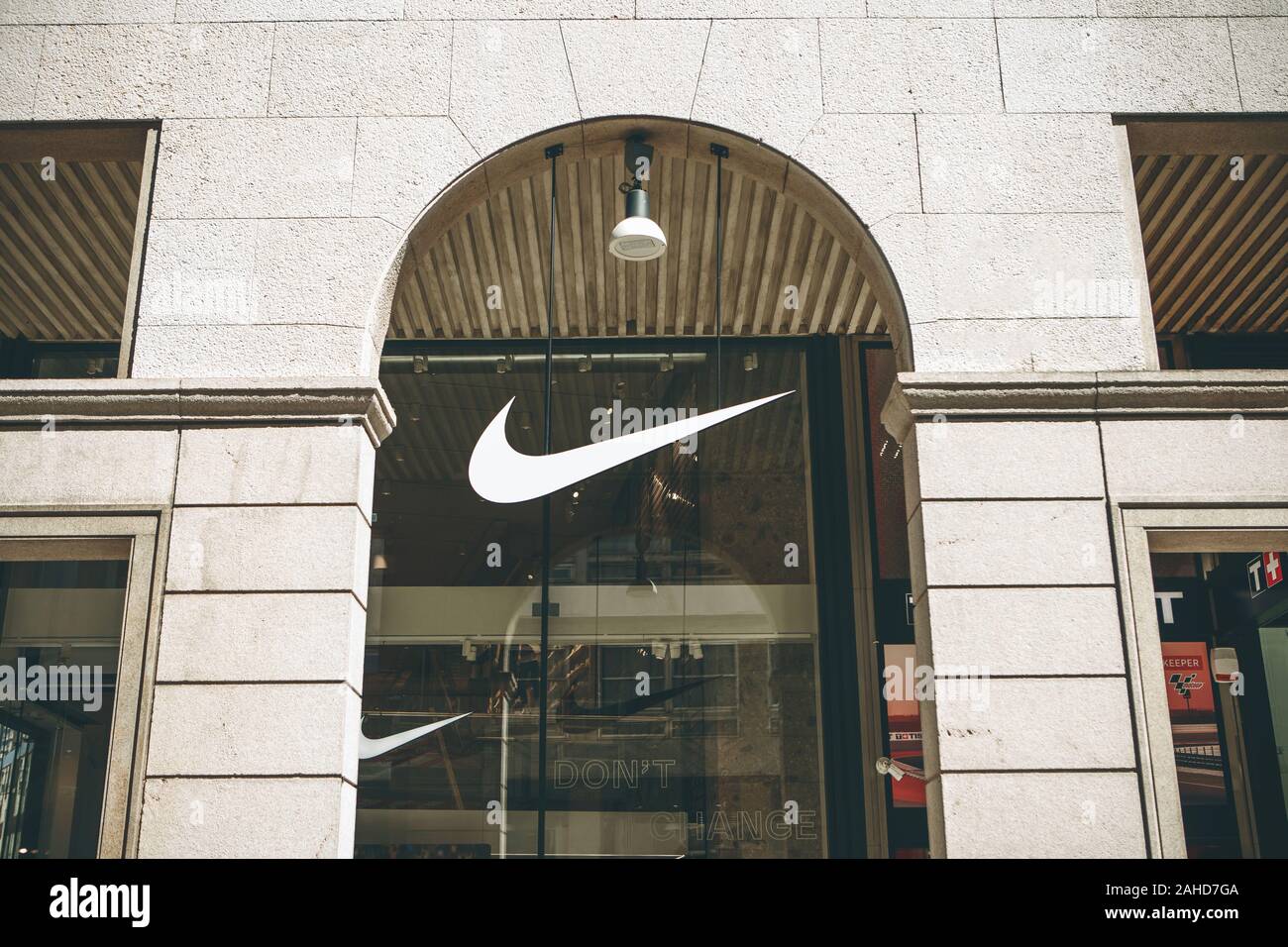 Italy, Milan, May 30, 2019: Nike sign at the entrance to the retail store. Stock Photo