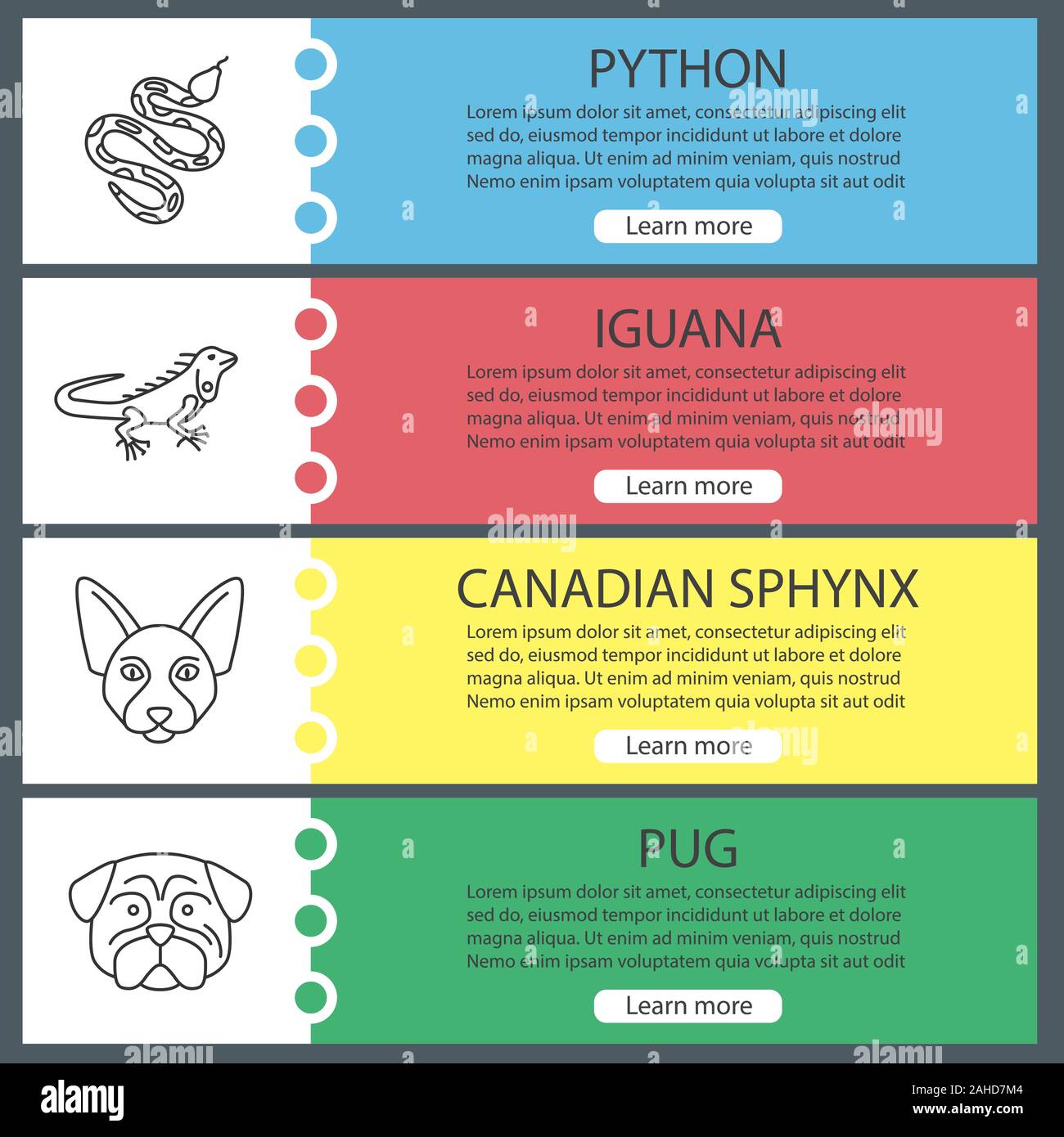 Pets web banner templates set. Python, iguana, Canadian Sphynx, pug ...