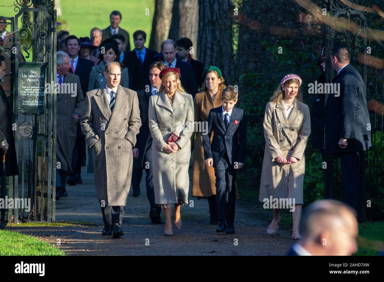 Picture dated December 25th shows Prince Edward and his wife Sophie and children James, Viscount Severn and Lady Louise Windsor at the Christmas Day morning church service at St Mary Magdalene Church in Sandringham, Norfolk.   Prince Andrew kept a low profile as members of the Royal Family attended Christmas Day church services in Sandringham in Norfolk. While a large crowd watched the Queen and family members arrive for the main 11am service, the prince attended an earlier service. Prince Andrew was also absent as family members left the church after the service to greet members of the public Stock Photo