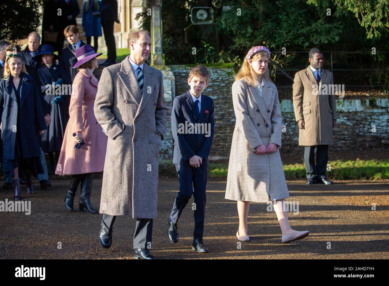 Picture dated December 25th shows Prince Edward  and children James, Viscount Severn and Lady Louise Windsor at the Christmas Day morning church service at St Mary Magdalene Church in Sandringham, Norfolk.   Prince Andrew kept a low profile as members of the Royal Family attended Christmas Day church services in Sandringham in Norfolk. While a large crowd watched the Queen and family members arrive for the main 11am service, the prince attended an earlier service. Prince Andrew was also absent as family members left the church after the service to greet members of the public. Prince Philip, wh Stock Photo